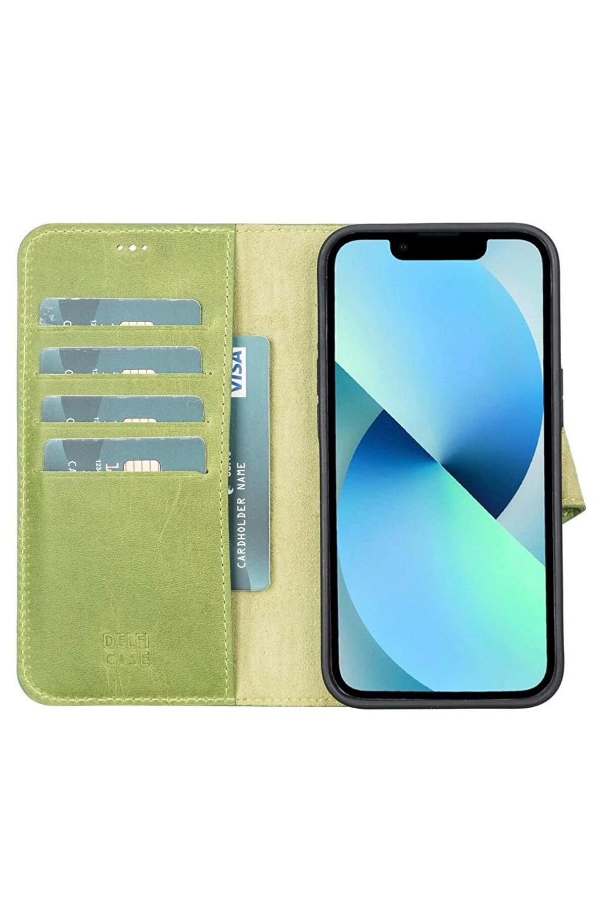 Apple İphone 13 Uyumlu Deri̇ C&uuml;zdanlı Kılıf Anti̇k Yeşi̇l