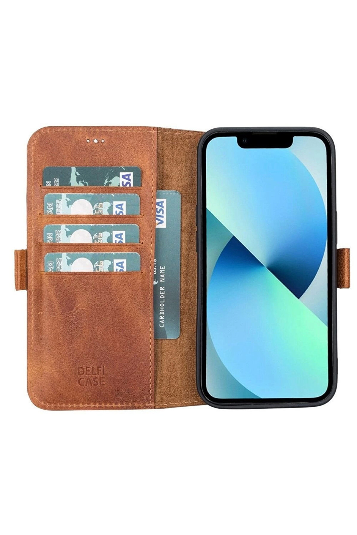 Apple İphone 13 Uyumlu Deri̇ C&uuml;zdanlı Kılıf Karamel