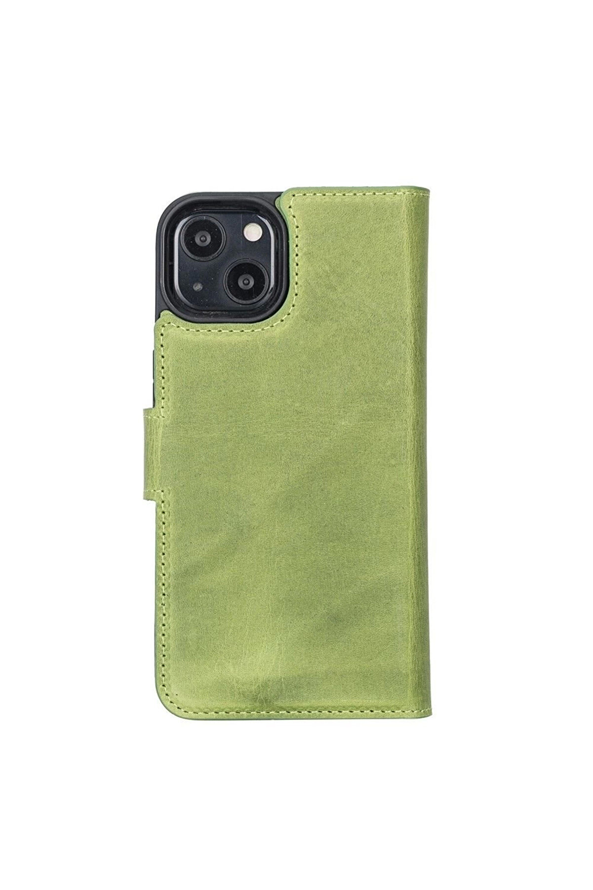 Apple İphone 13 Uyumlu Deri̇ C&uuml;zdanlı Kılıf Anti̇k Yeşi̇l