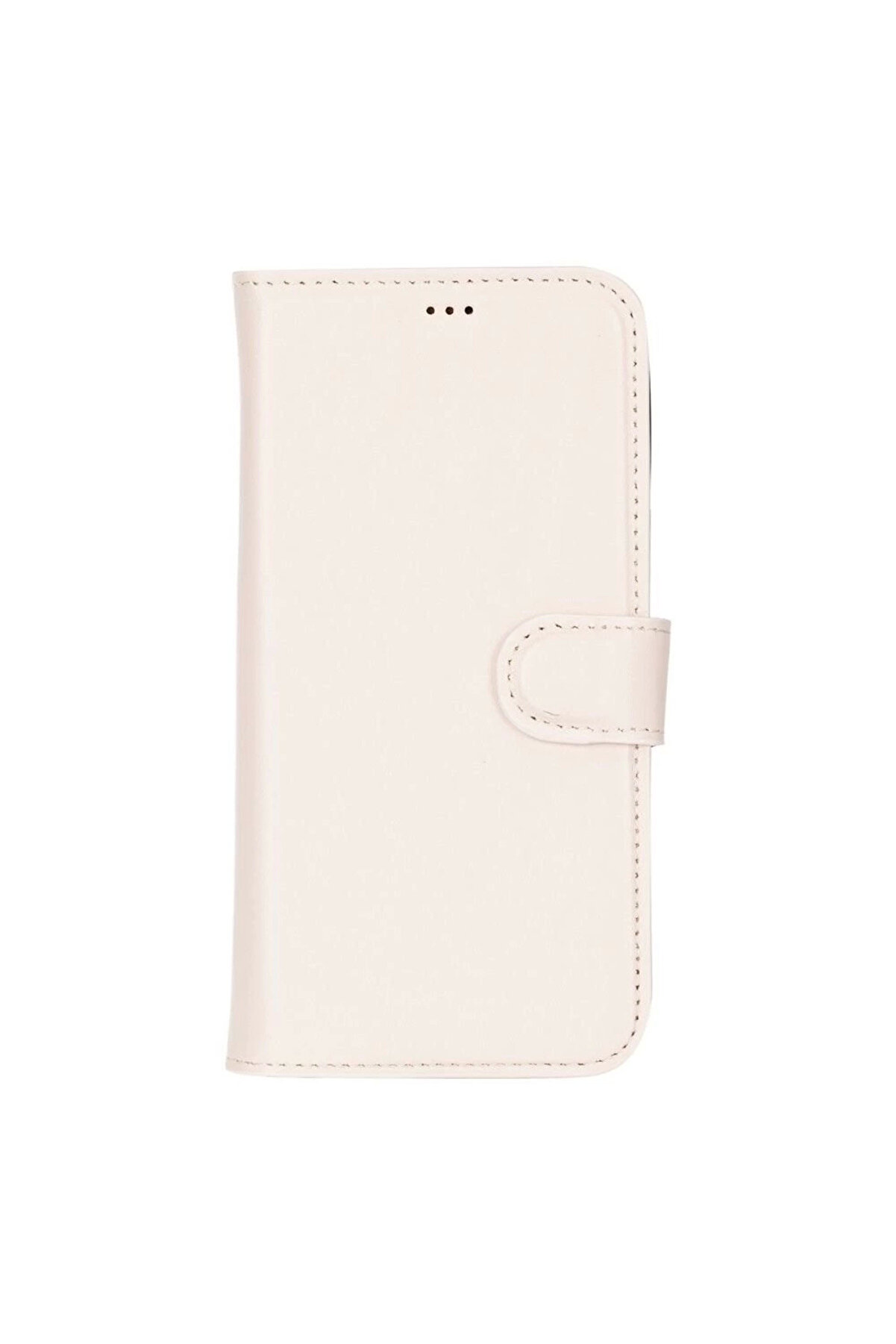 Apple İphone 16 Pro Uyumlu, Haki̇ki̇ Deri̇, El Yapımı, C&uuml;zdanlı Kılıf, Krem Renk