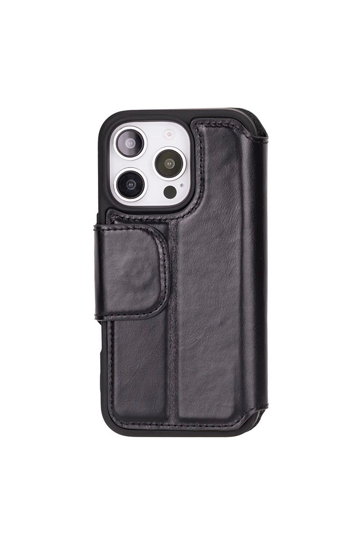 Apple İphone 16 Pro Uyumlu, Haki̇ki̇ Deri̇, El Yapımı, Cüzdanlı Kılıf, Parlak Si̇yah