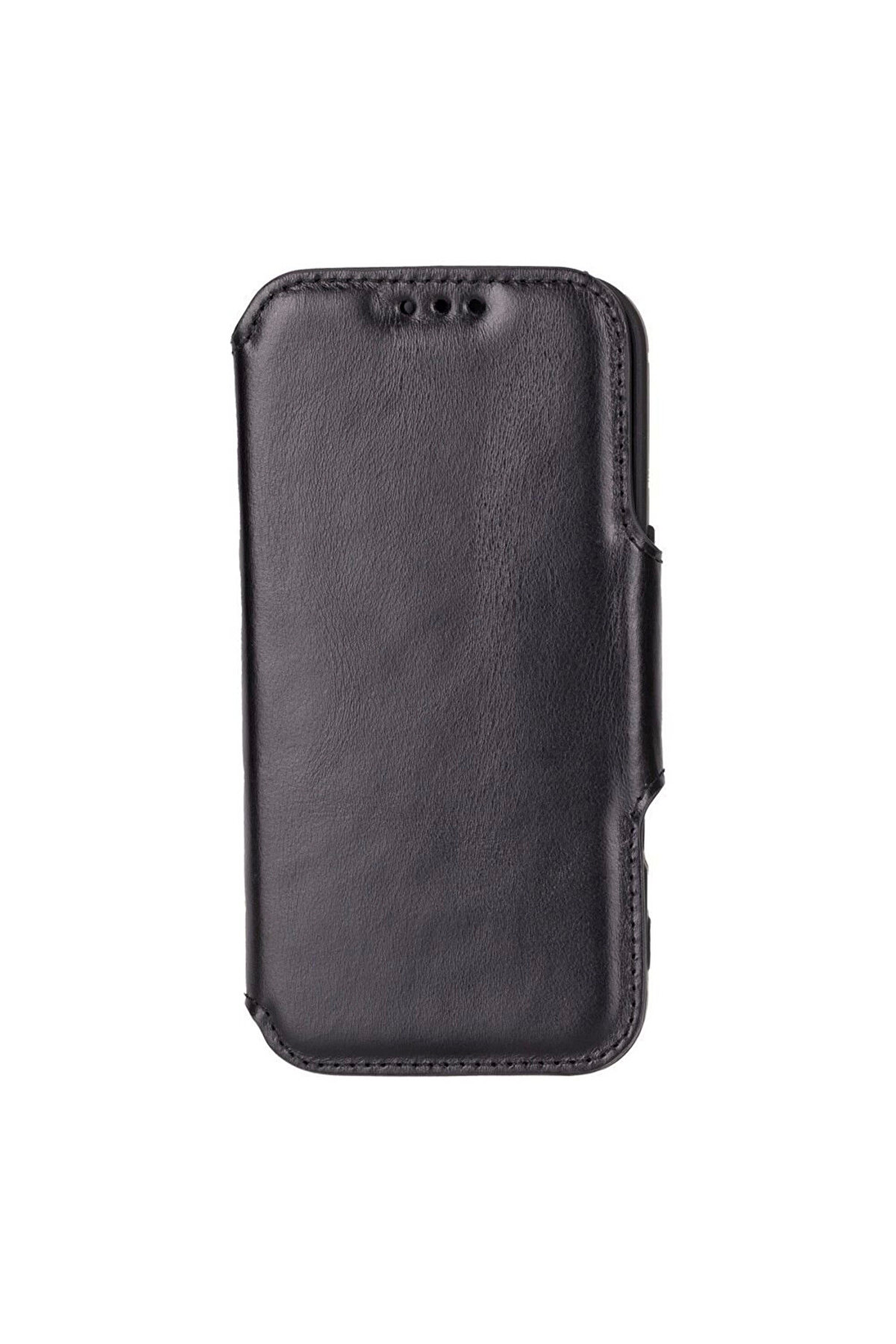 Apple İphone 16 Pro Uyumlu, Haki̇ki̇ Deri̇, El Yapımı, Cüzdanlı Kılıf, Parlak Si̇yah