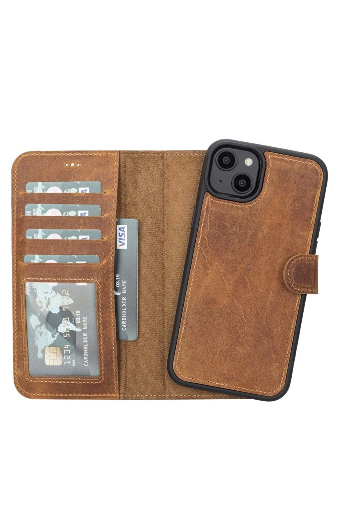 gizmurstore Apple iPhone 14 Plus Uyumlu Deri Cüzdanlı Kılıf MWWN G19 Taba