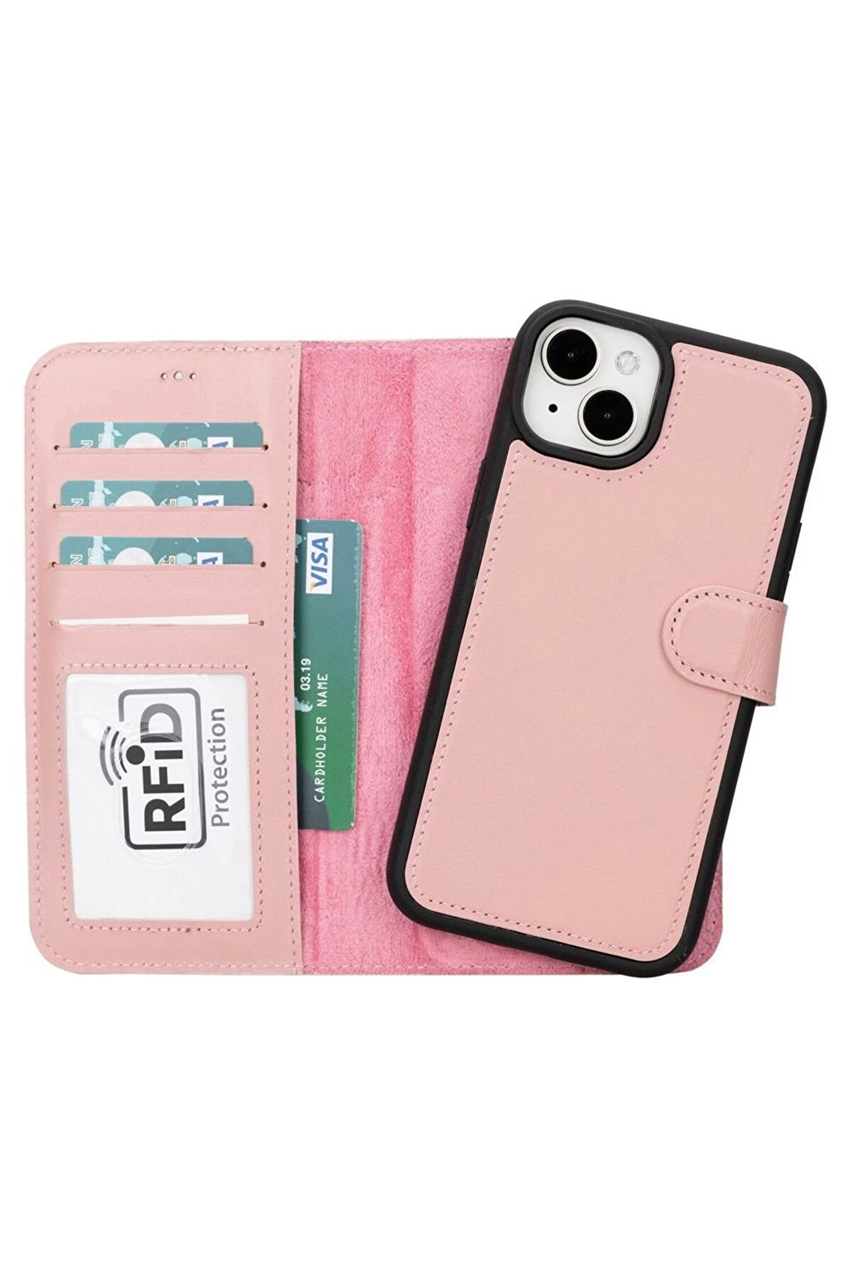 gizmurstore Apple iPhone 15 Plus Uyumlu Deri Cüzdanlı Kılıf MWWN NU2 Pembe