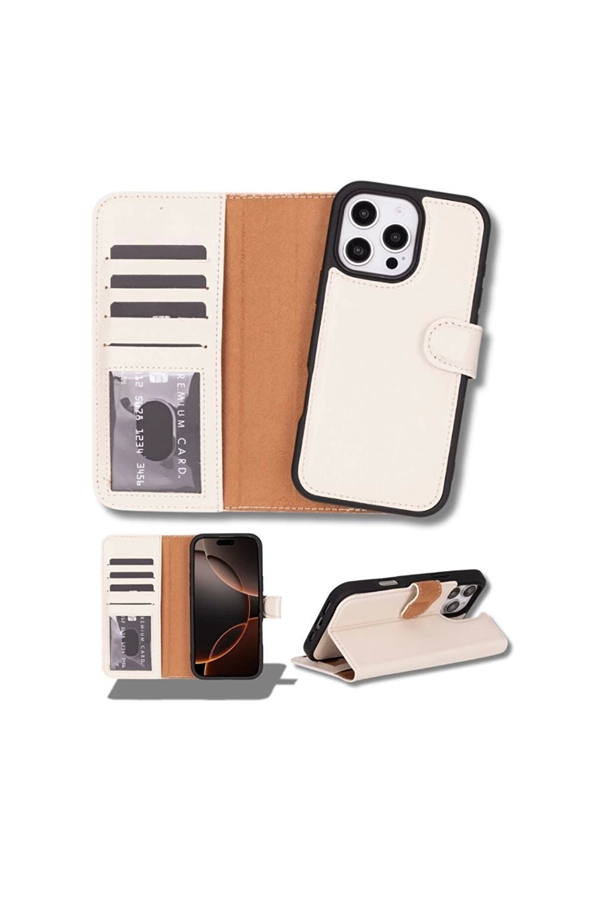 Apple İphone 16 Pro Uyumlu, Haki̇ki̇ Deri̇, El Yapımı, C&uuml;zdanlı Kılıf, Krem Renk