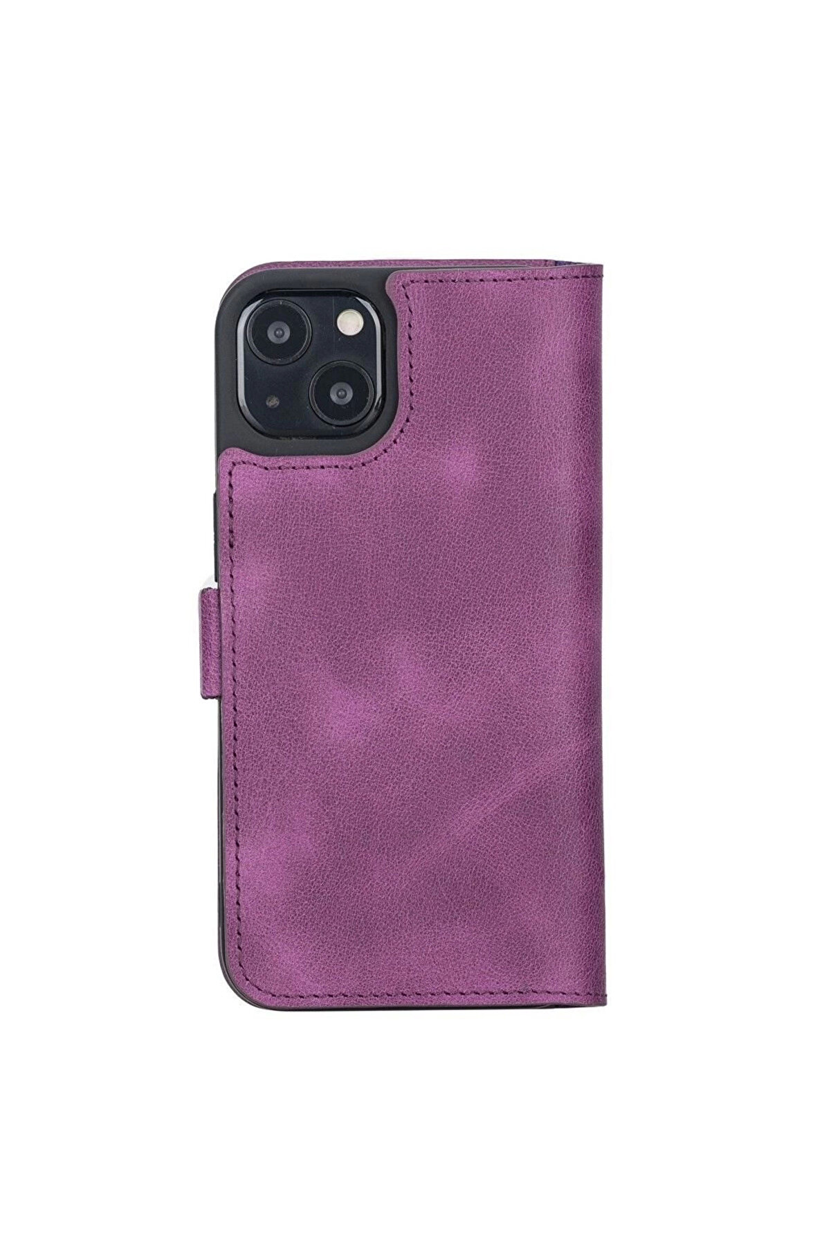 Apple İphone 13 Uyumlu Deri̇ Cüzdanlı Kılıf Rusti̇k Mor