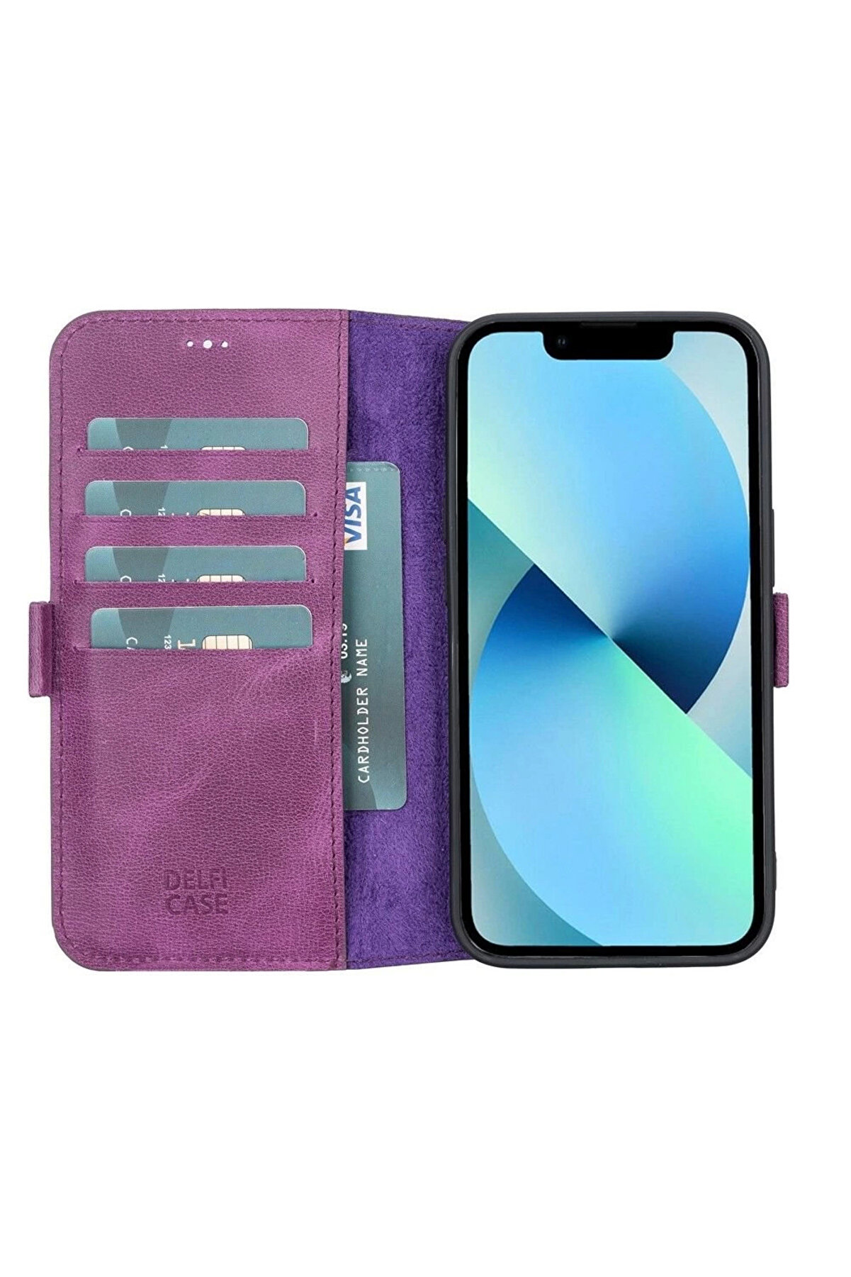 gizmurstore Apple iPhone 13 Uyumlu Deri Cüzdanlı Kılıf Rustik Mor