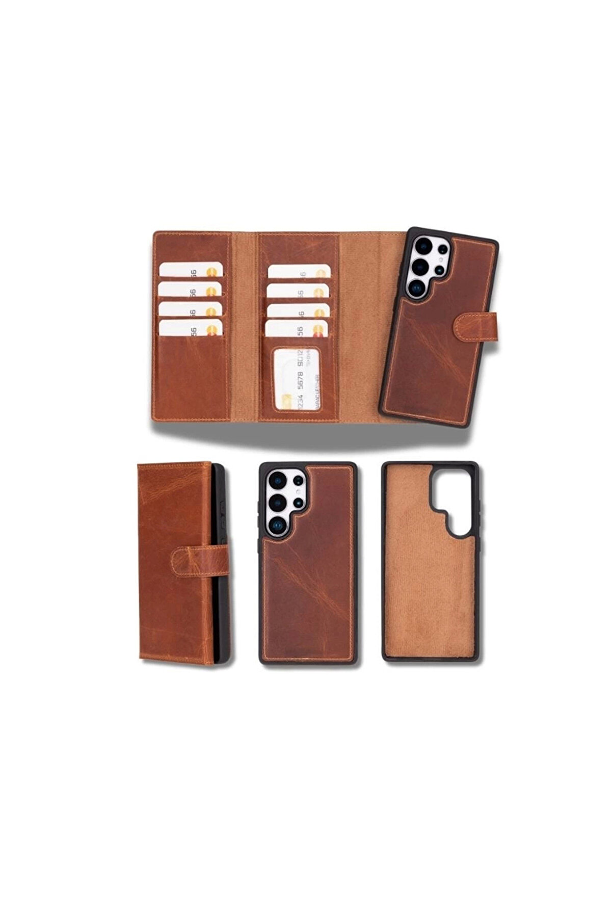 Samsung Galaxy S25 Ultra Uyumlu, Haki̇ki̇ Deri̇, El Yapımı, Cüzdanlı Kılıf, Karamel