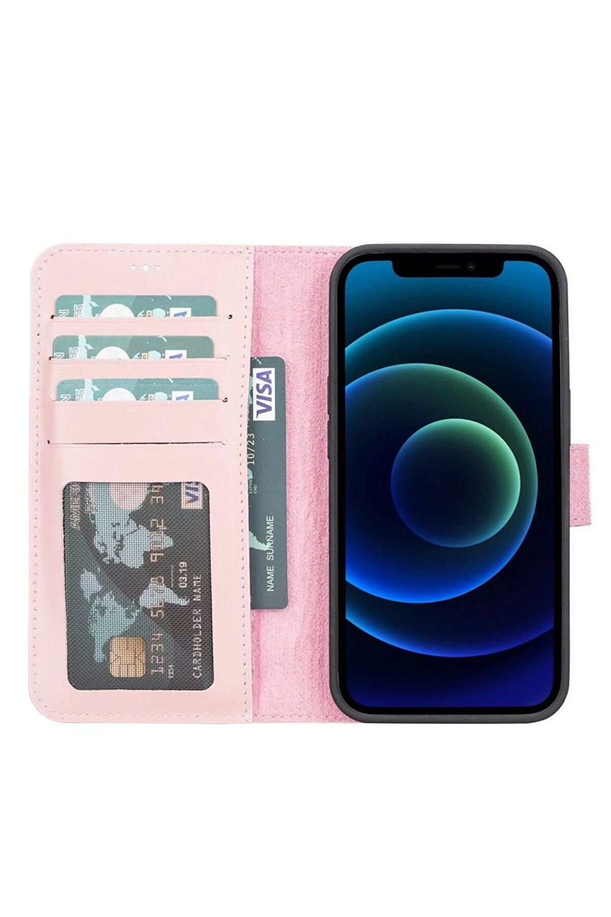 Apple İphone 13 Uyumlu Deri̇ Cüzdanlı Kılıf Nu2 Pembe