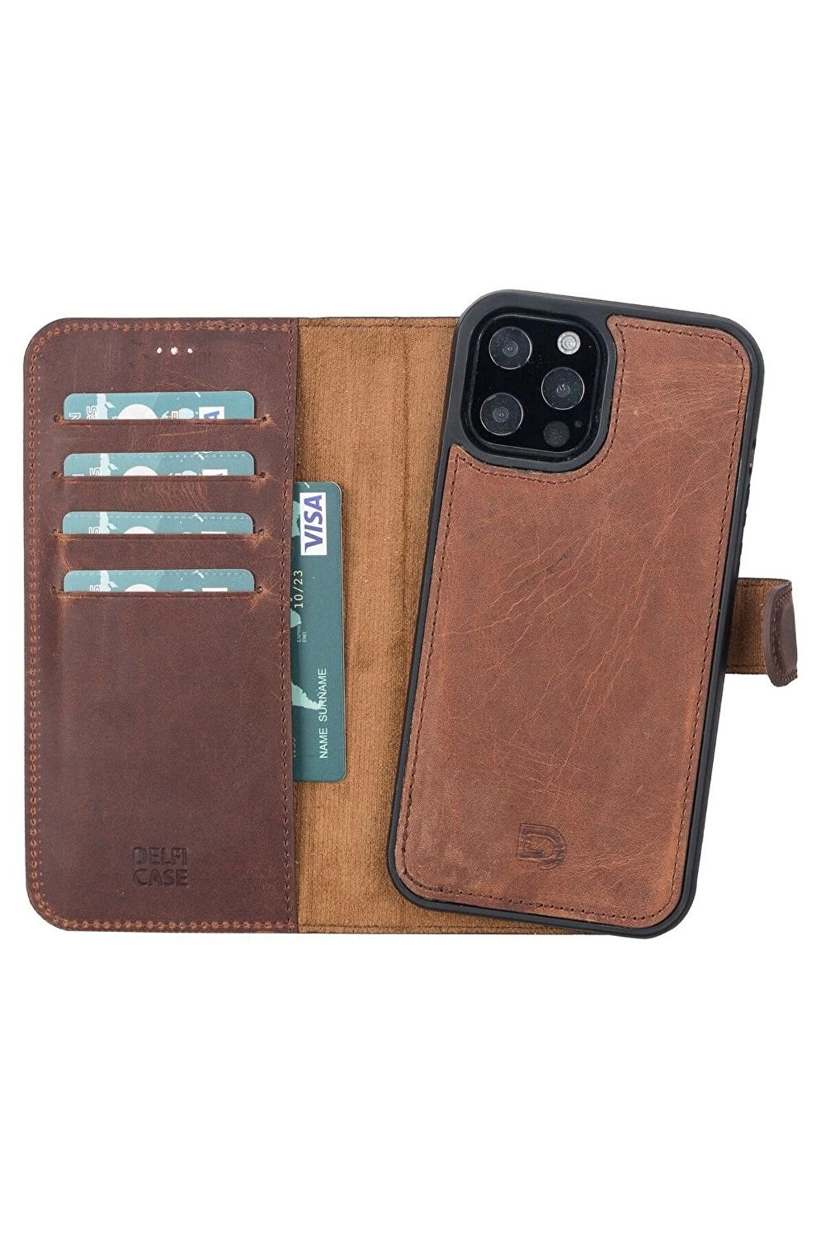 gizmurstore Apple iPhone 12 Pro Max Uyumlu Deri Cüzdanlı Kılıf Antik Kahve