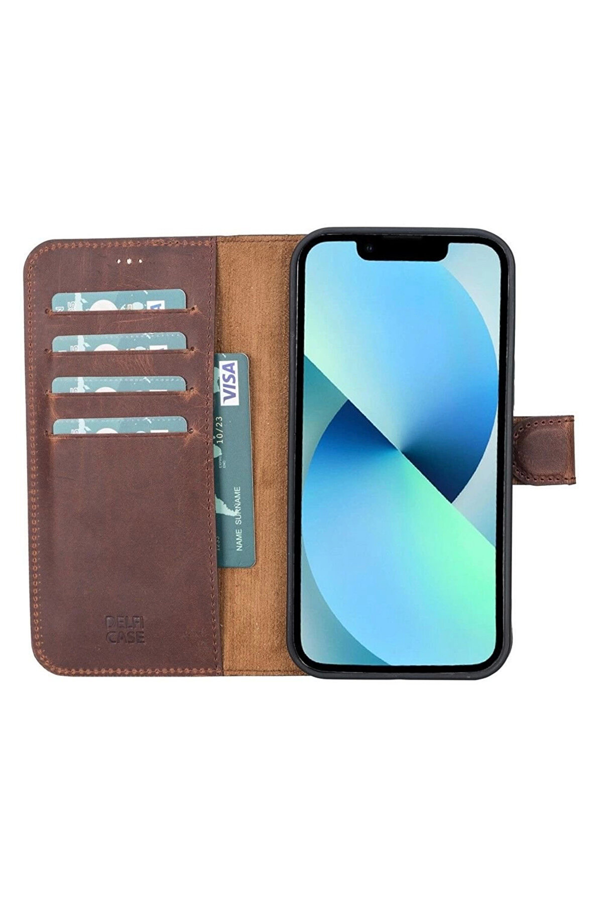 Apple İphone 12 Pro Max Uyumlu Deri̇ Cüzdanlı Kılıf Anti̇k Kahve