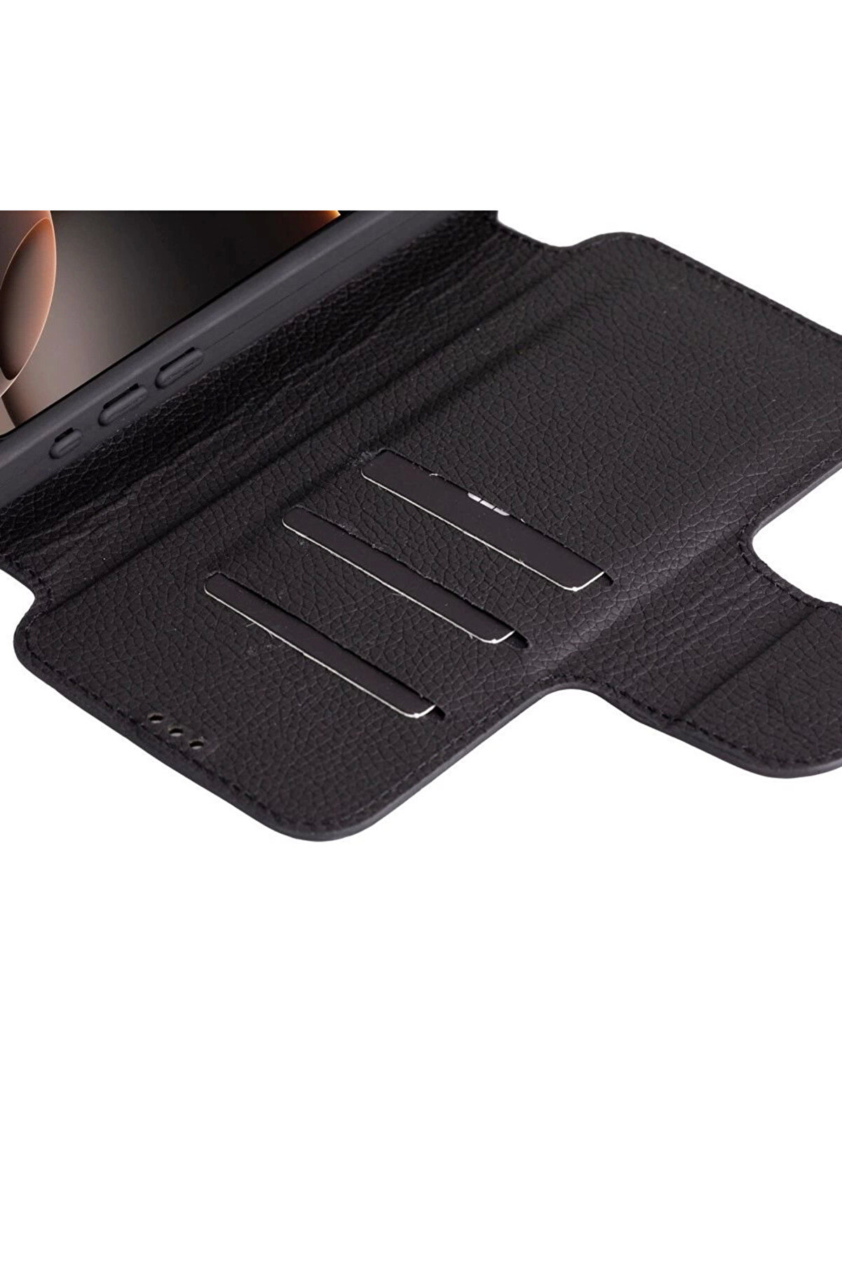 Apple İphone 16 Pro Uyumlu, Haki̇ki̇ Deri̇, El Yapımı, Cüzdanlı Kılıf, Parlak Si̇yah