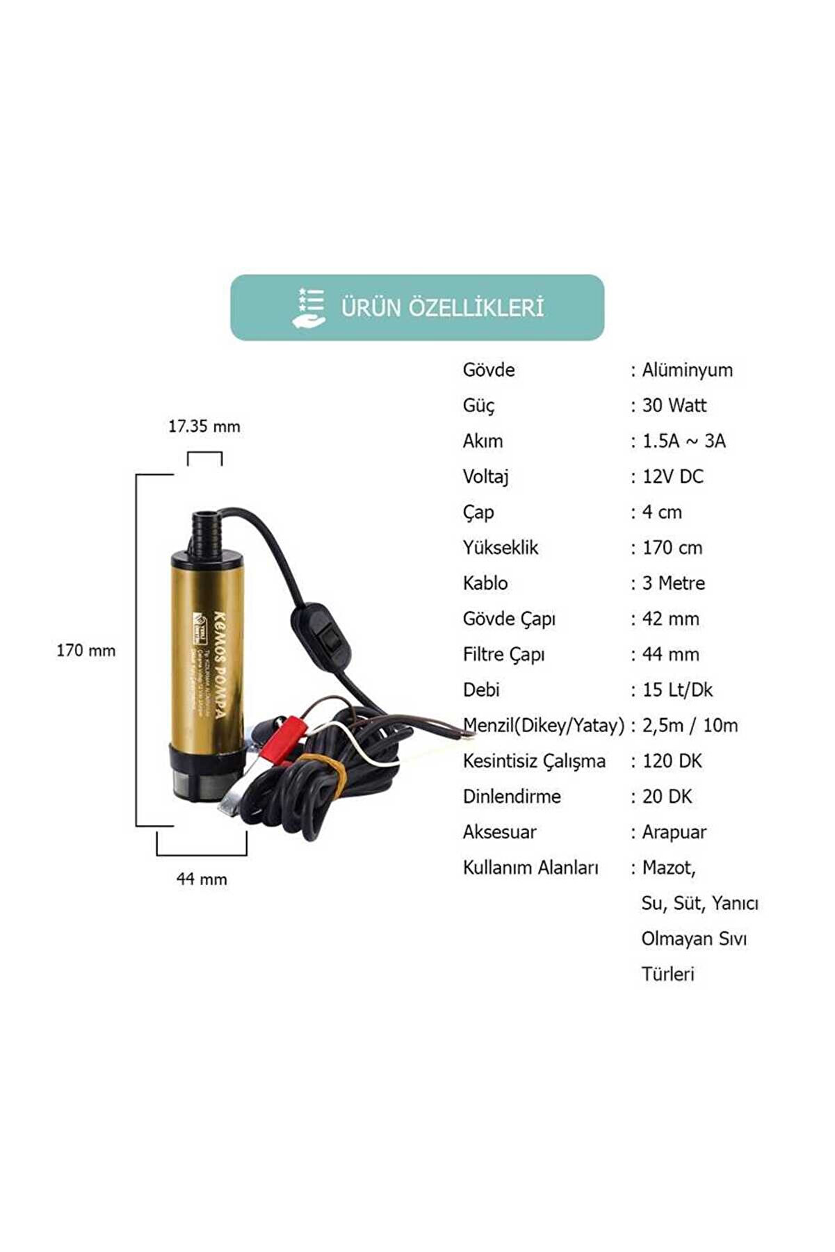 Kemos Kızılırmak 12 Volt Alümi̇nyum Dalgıç Ti̇pi̇ Sıvı Aktarma Pompası (Fi̇ltreli̇ Arapuar)