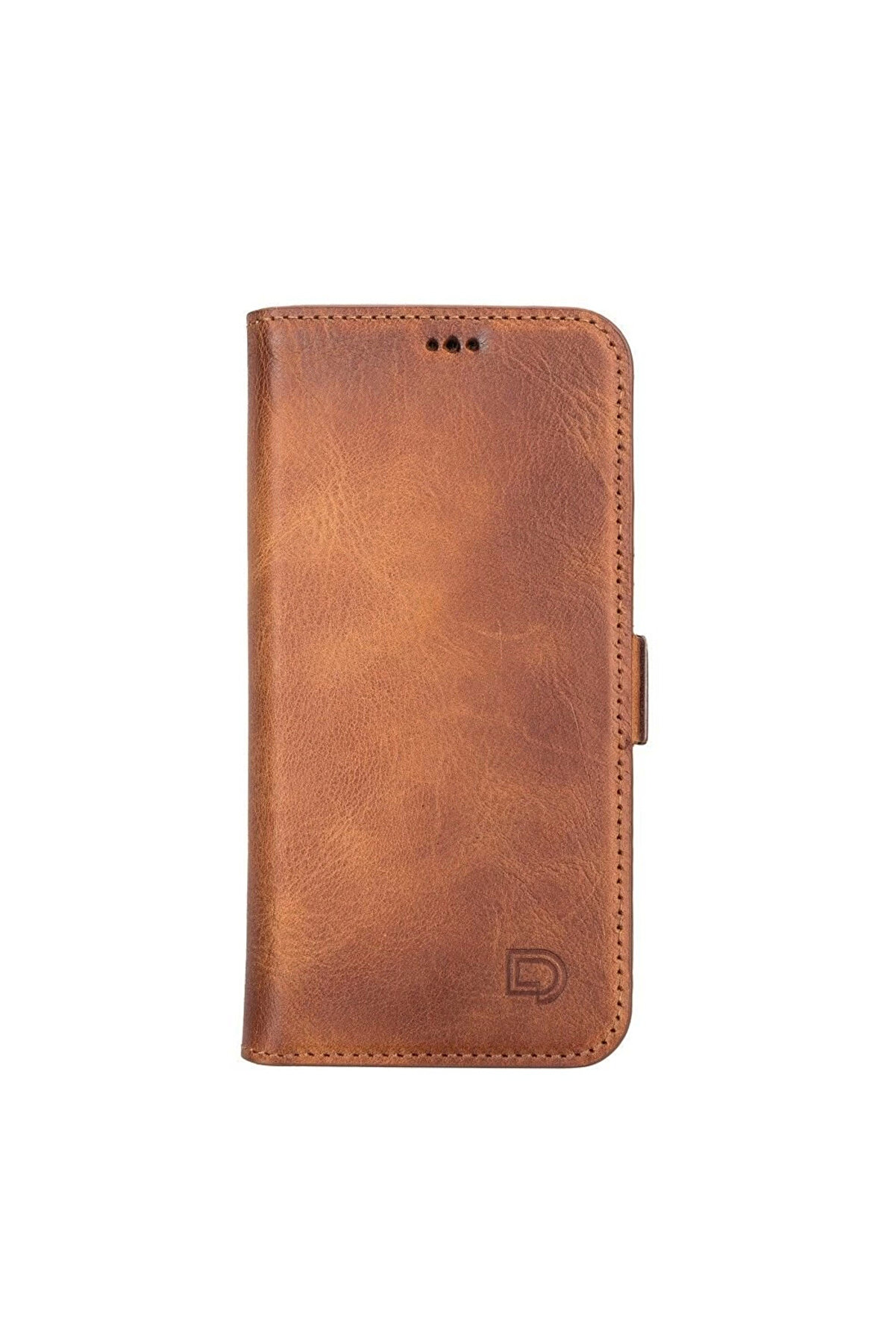 Apple İphone 13 Uyumlu Deri̇ C&uuml;zdanlı Kılıf Karamel