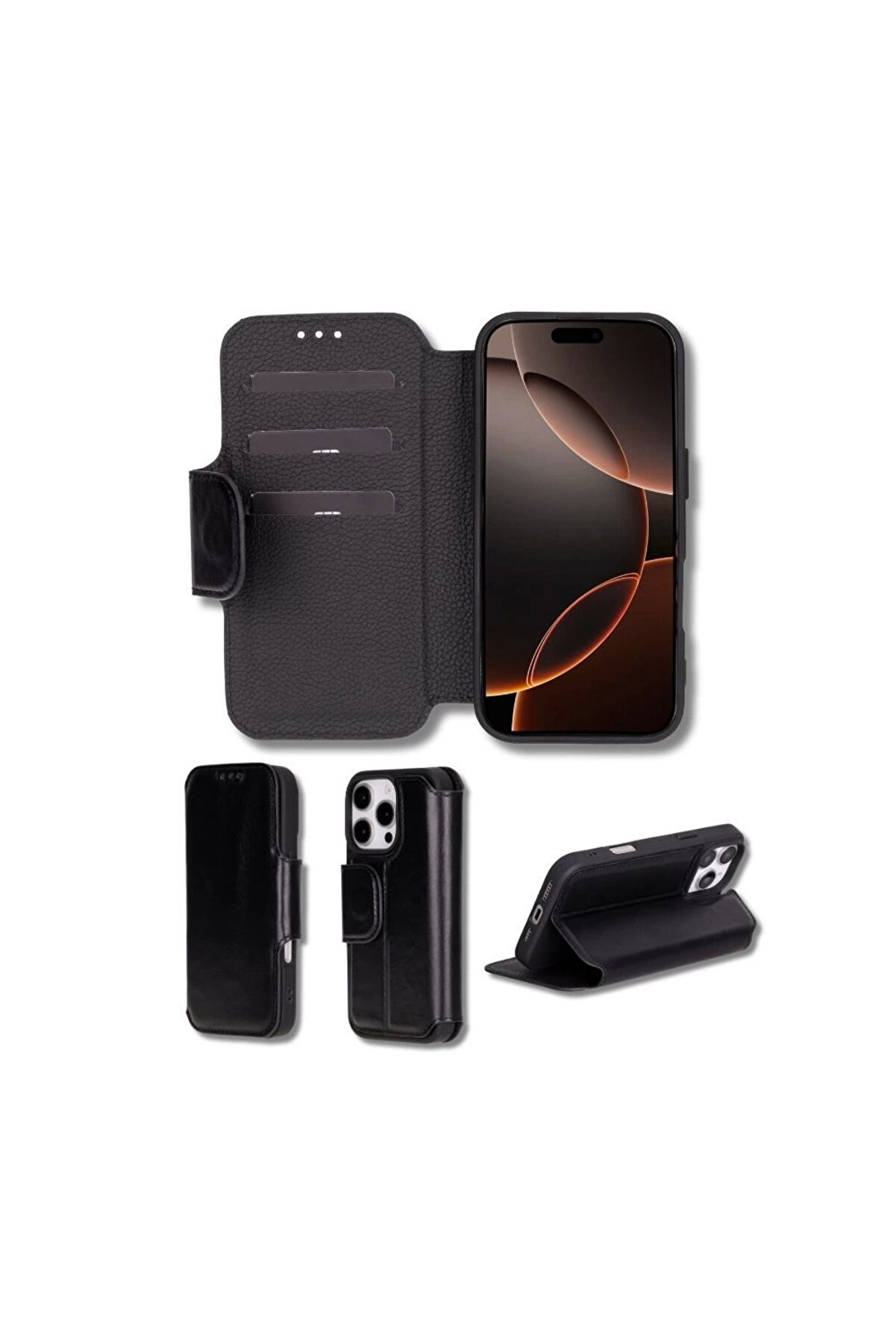 gizmurstore Apple iPhone 16 Pro uyumlu, Hakiki Deri, El Yapımı, Cüzdanlı Kılıf, Parlak Siyah