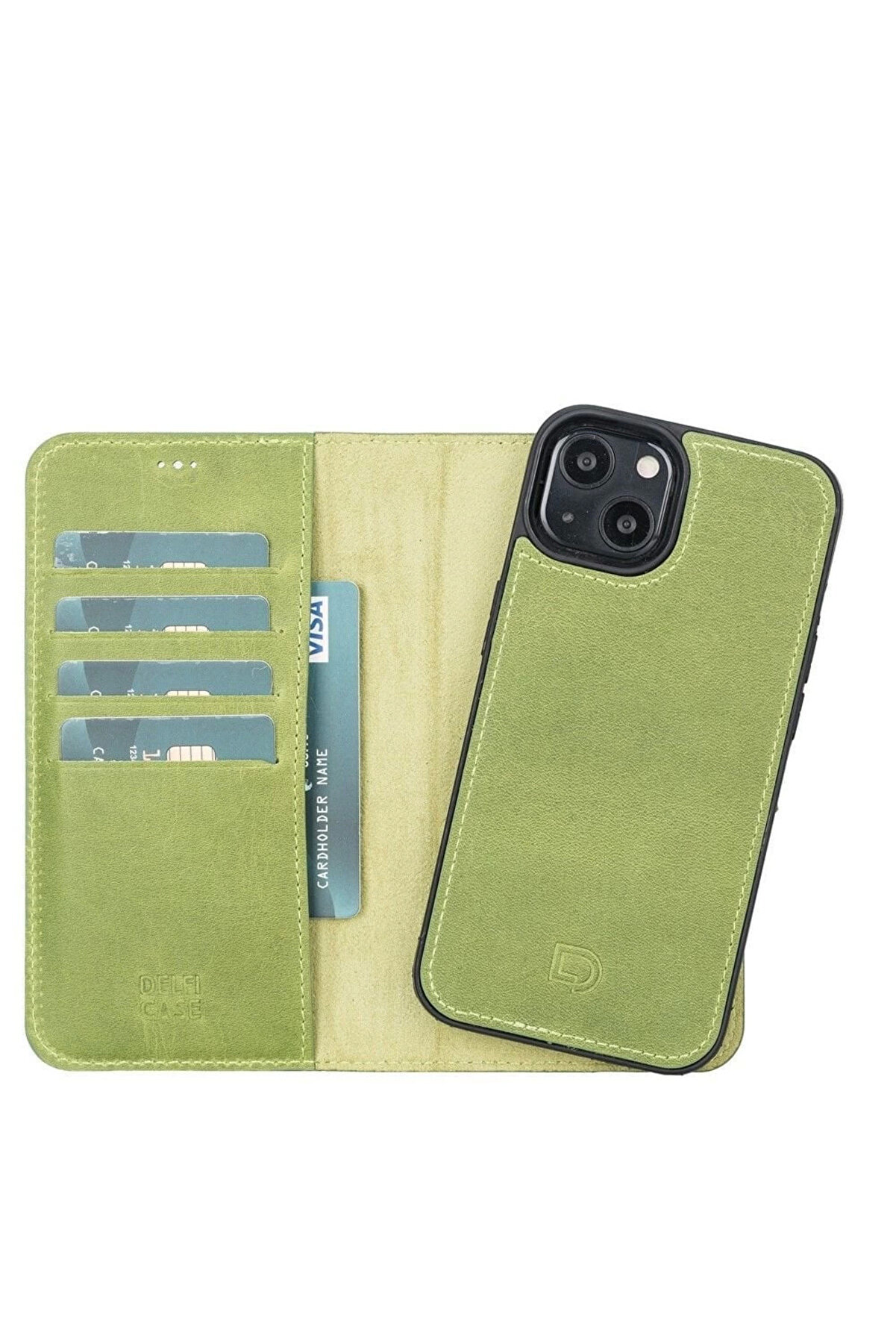 gizmurstore Apple iPhone 13 Uyumlu Deri C&uuml;zdanlı Kılıf Antik yeşil