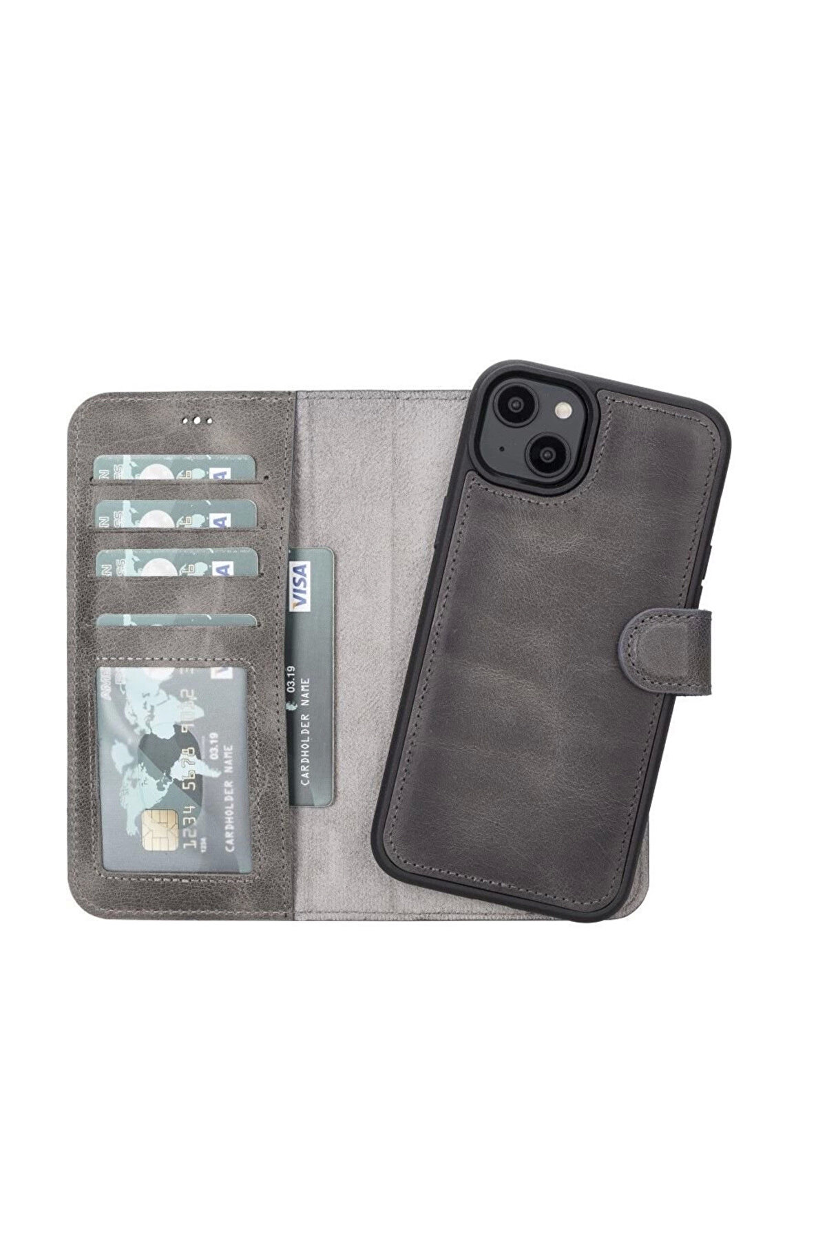 gizmurstore Apple iPhone 14 Plus Uyumlu Deri Cüzdanlı Kılıf MWWN VS4EF Gri