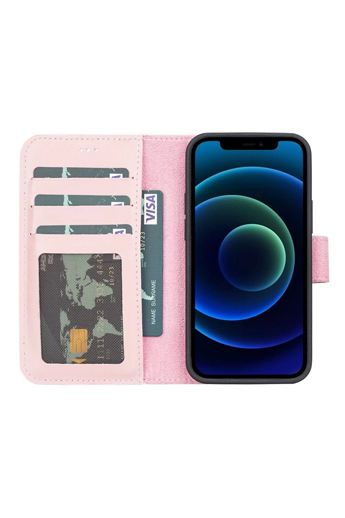 Apple İphone 13 Mi̇ni̇ Uyumlu Deri̇ Cüzdanlı Kılıf Nu2 Pembe