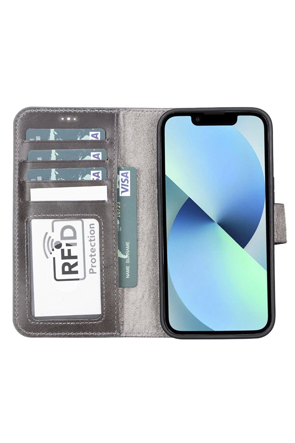 Apple İphone 13 Pro Uyumlu Deri̇ Cüzdanlı Kılıf Mwwn Tn1 Gri̇