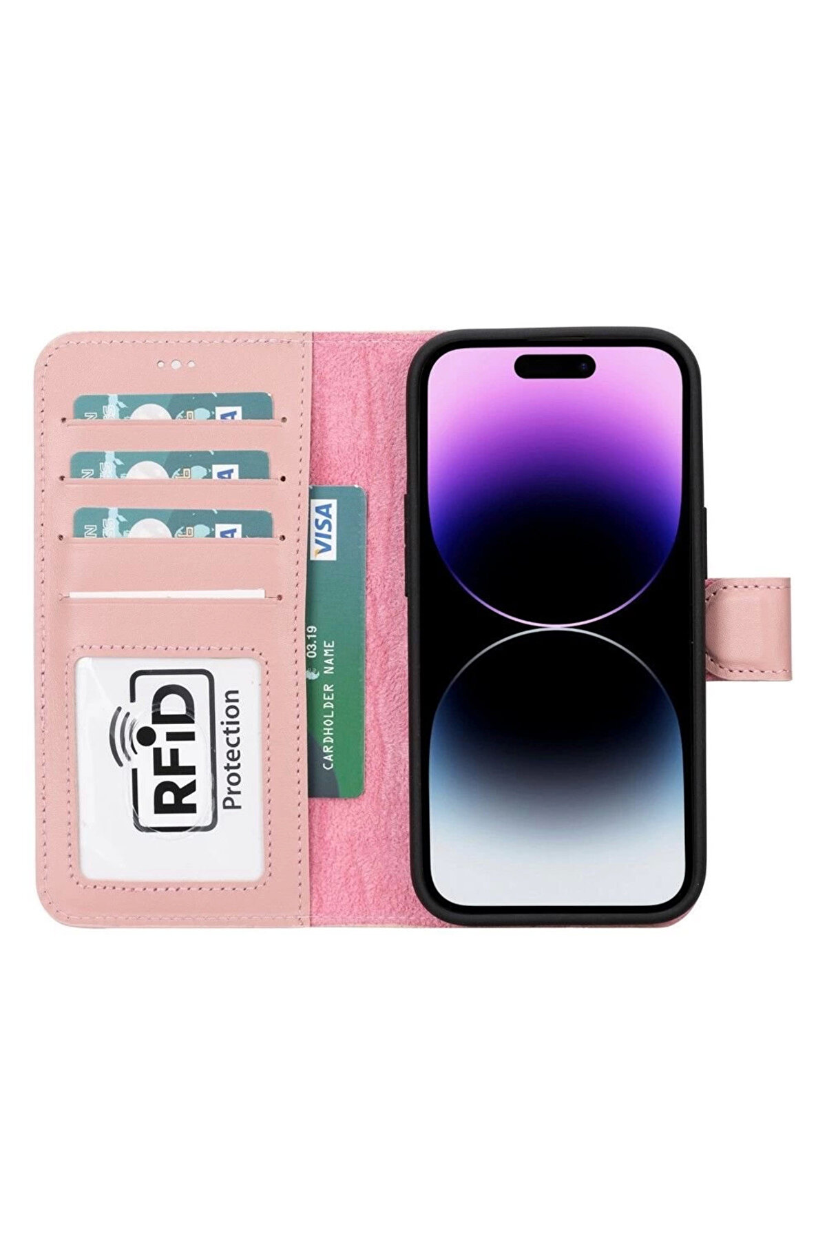 Apple İphone 15 Uyumlu Deri̇ Cüzdanlı Kılıf Mwwn Nu2 Pembe