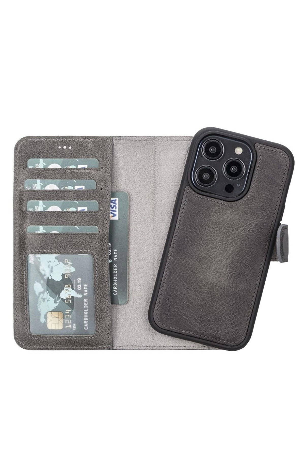 gizmurstore Apple iPhone 14 Pro Uyumlu Deri Cüzdanlı Kılıf MWWN VS4EF Gri