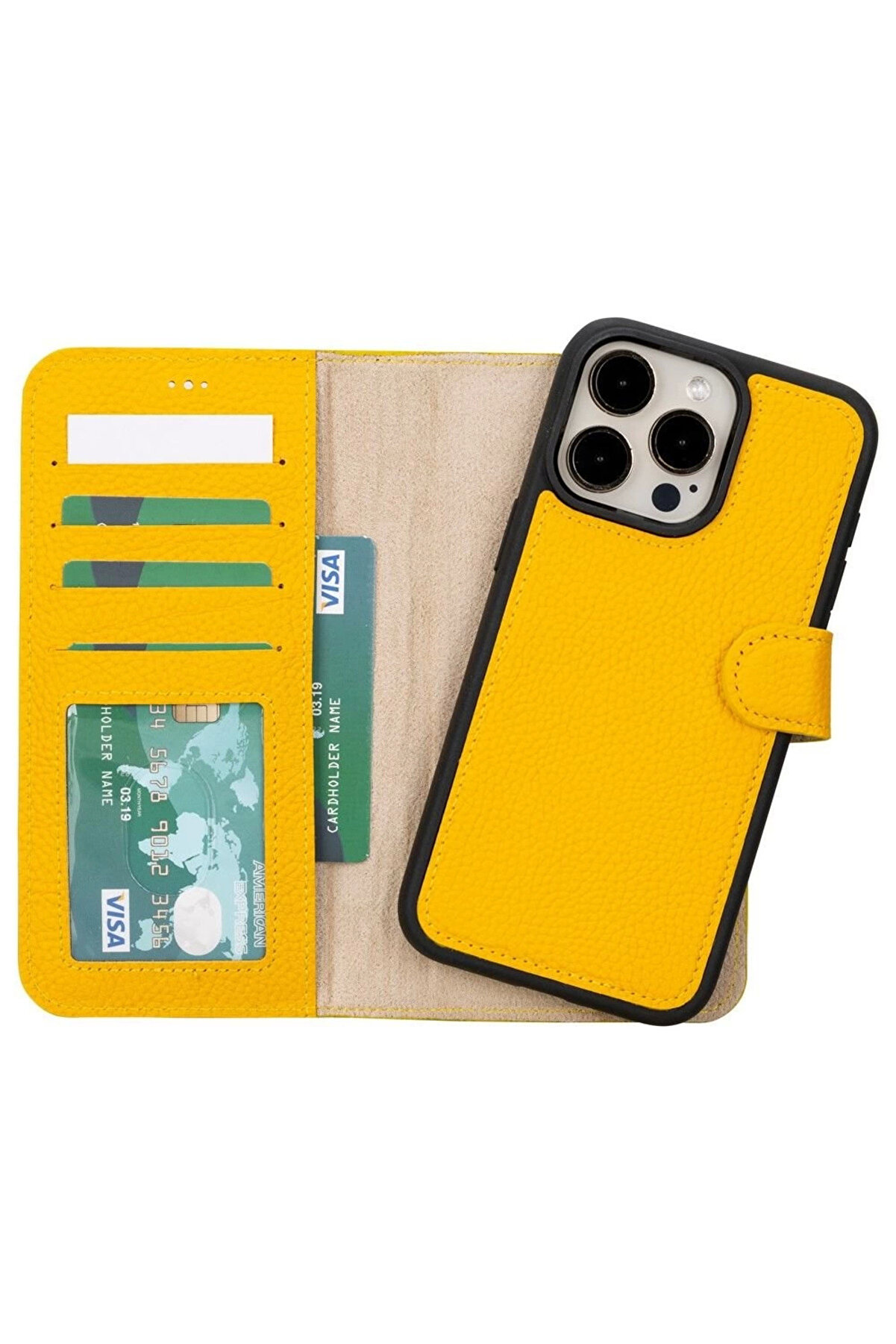 gizmurstore Apple iPhone 15 Pro Max Uyumlu Deri Cüzdanlı Kılıf MWWN FL12 Sarı