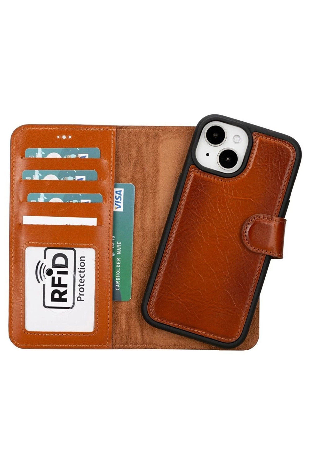 gizmurstore Apple iPhone 15 Plus Uyumlu Deri Cüzdanlı Kılıf MWWN RST2EF Taba