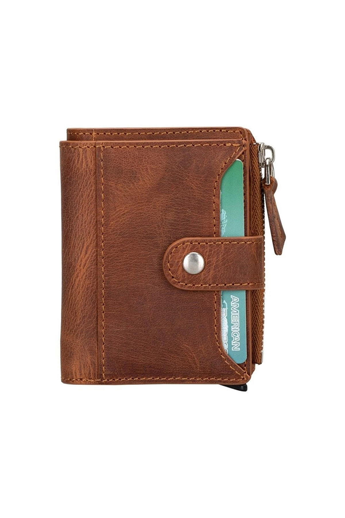 gizmurstore Deri Cüzdan Ve Kartlık, Mekanizmalı, 10 Adet Kart Bölmeli, Antik Kahve