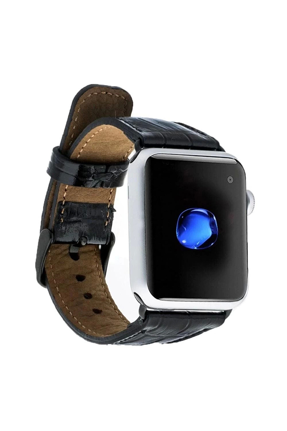 gizmurstore Apple Watch Uyumlu Deri Kordon 42-44-45mm Kroko Siyah