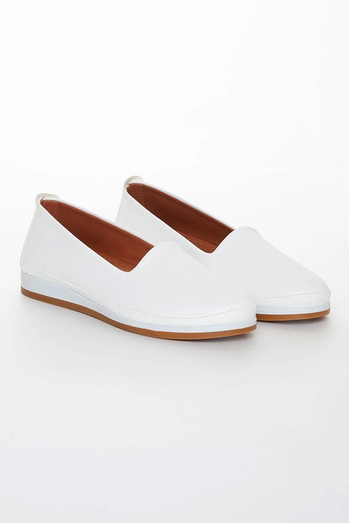 Gult Haki̇ki̇ Deri̇ Kadın Günlük Ortopedi̇k Ayakkabı Beyaz Düz