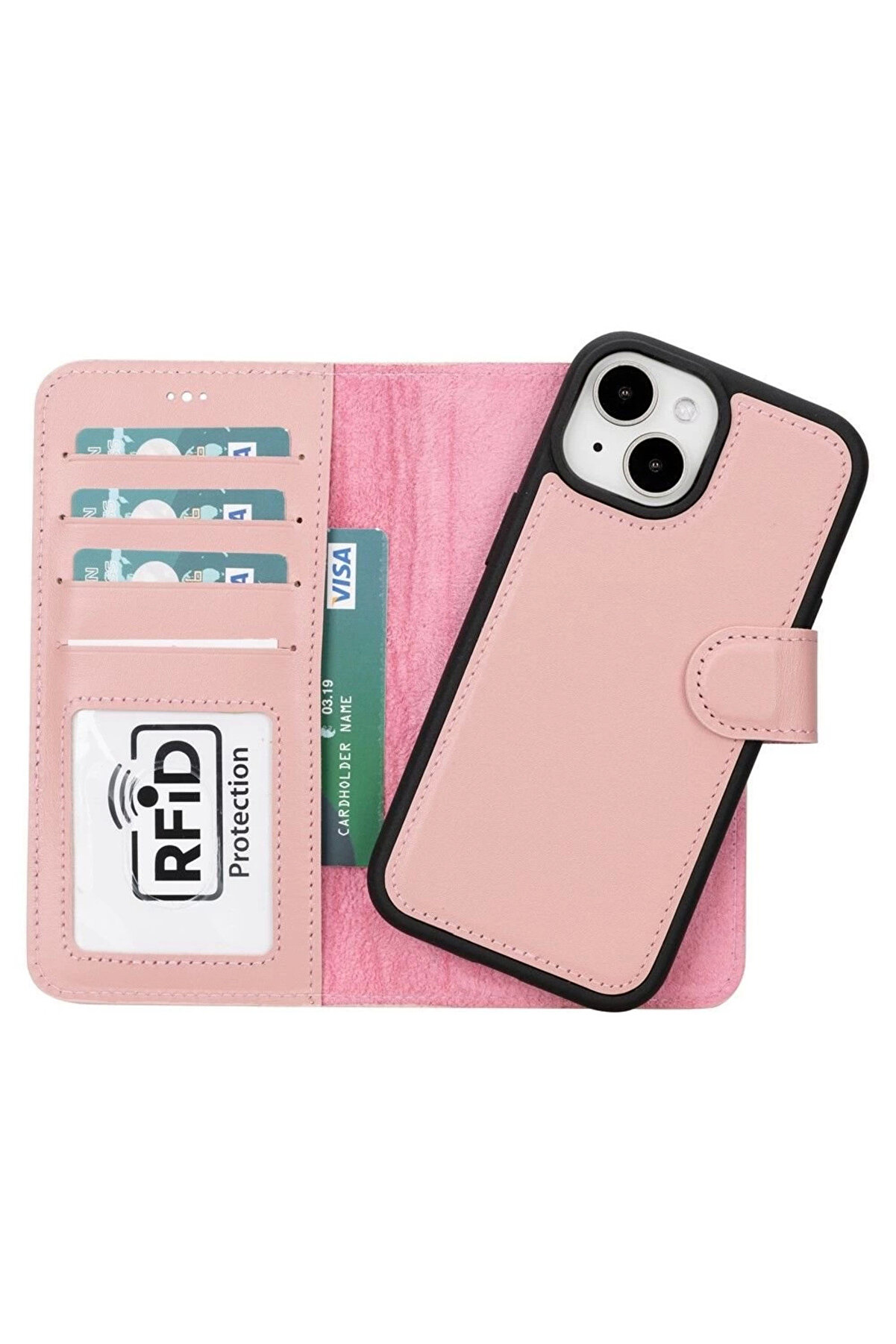 gizmurstore Apple iPhone 15 Uyumlu Deri Cüzdanlı Kılıf MWWN NU2 Pembe