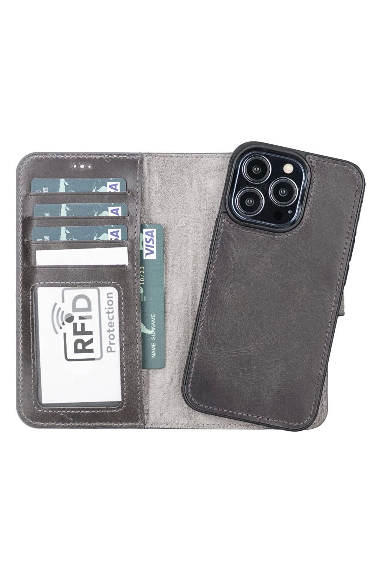 gizmurstore Apple iPhone 13 Pro Uyumlu Deri Cüzdanlı Kılıf MWWN TN1 Gri