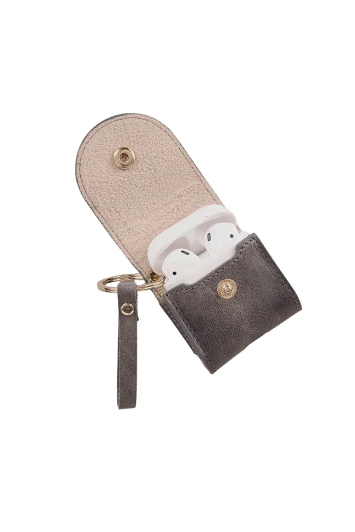 Apple Ai̇rpods 2.Nesi̇l Uyumlu Deri̇ Kılıf Mai̇ Snap Vs05 Gri̇