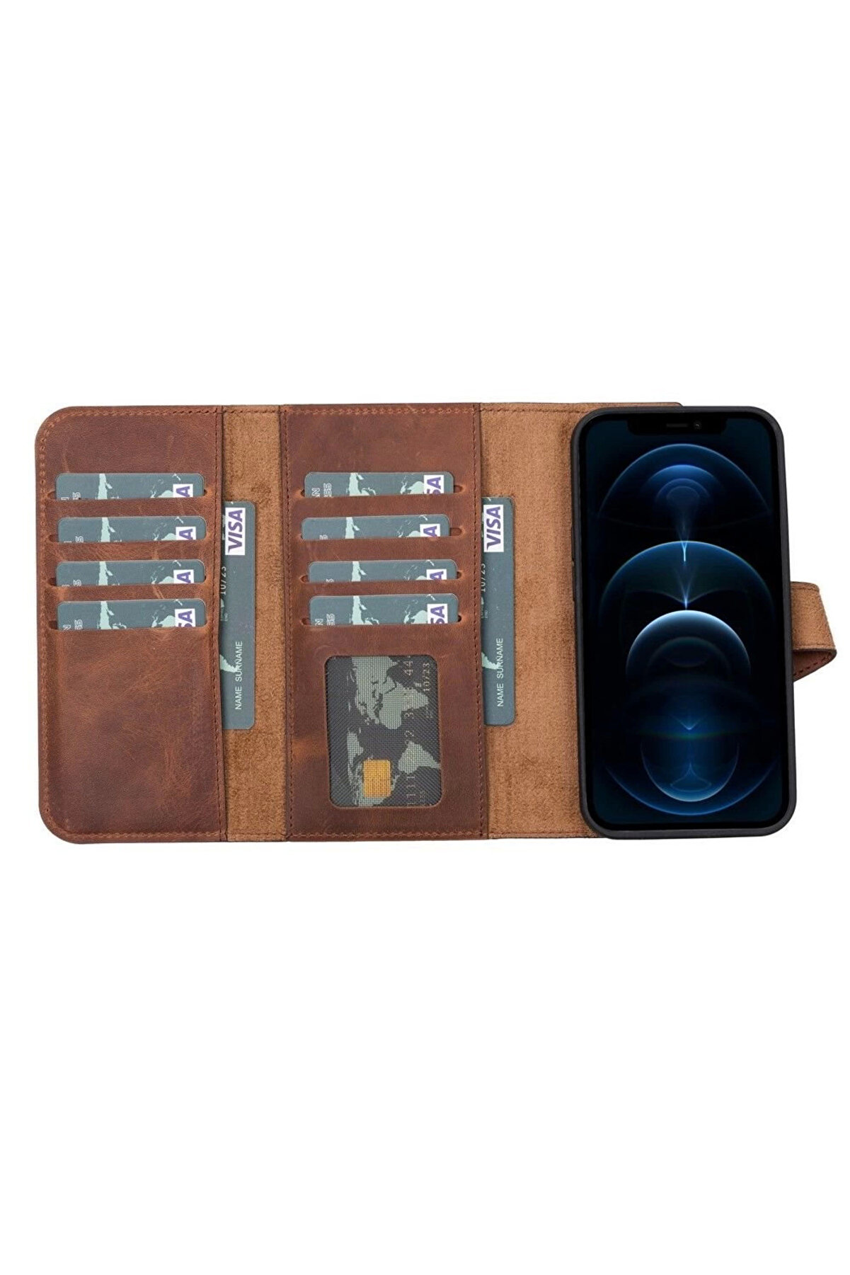 Apple İphone 13 Mi̇ni̇ Uyumlu Deri̇ C&uuml;zdanlı Kılıf Santa G2 Kahve