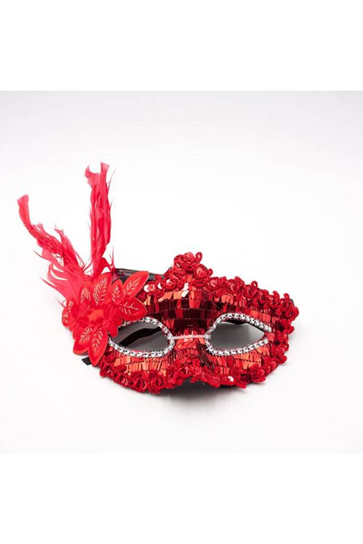 Ethab Ti̇caret Kırmızı Payetli̇ Pullu T&uuml;yl&uuml; Parti̇ Maskesi̇
