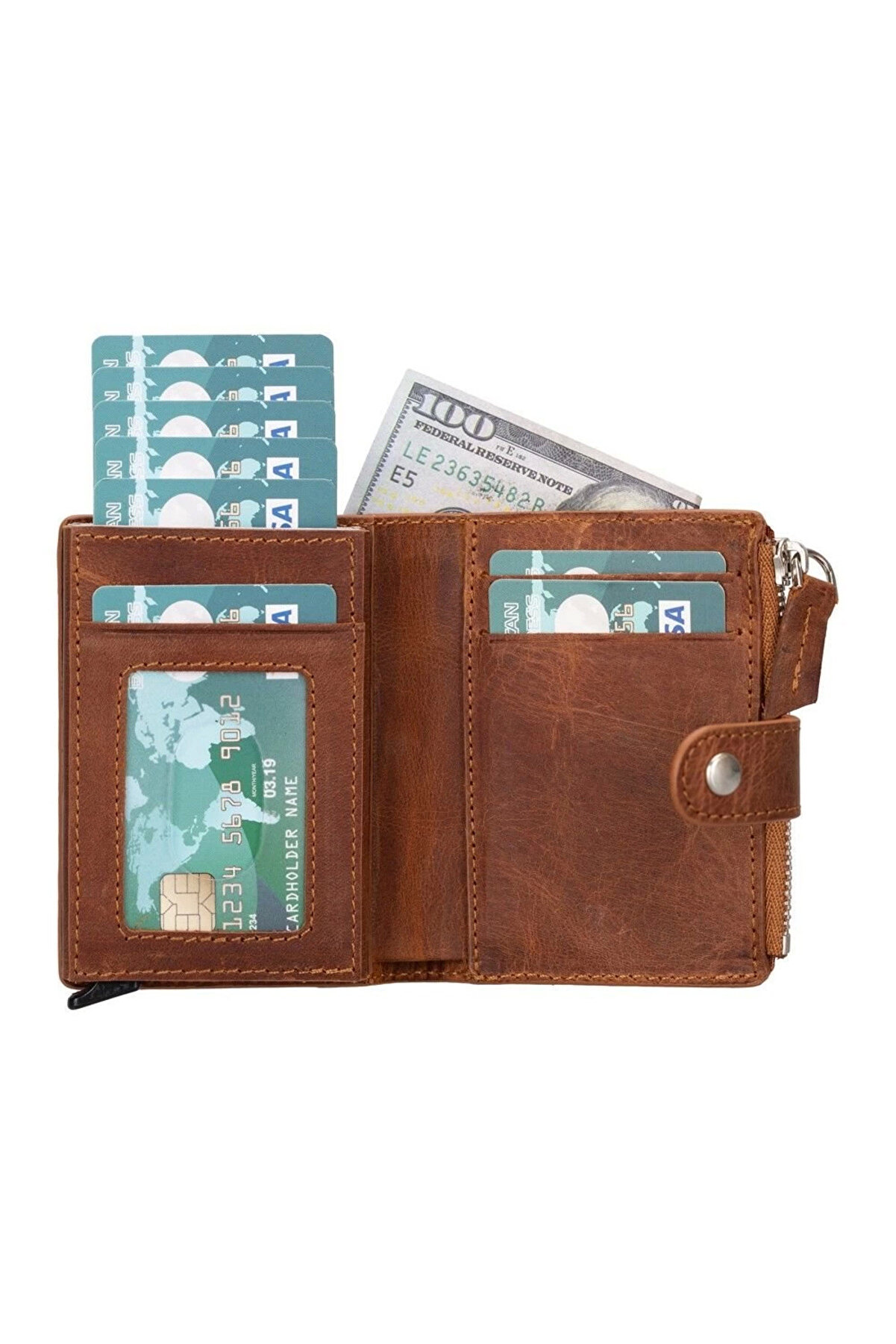 Deri̇ Cüzdan Ve Kartlık, Mekani̇zmalı, 10 Adet Kart Bölmeli̇, Anti̇k Kahve