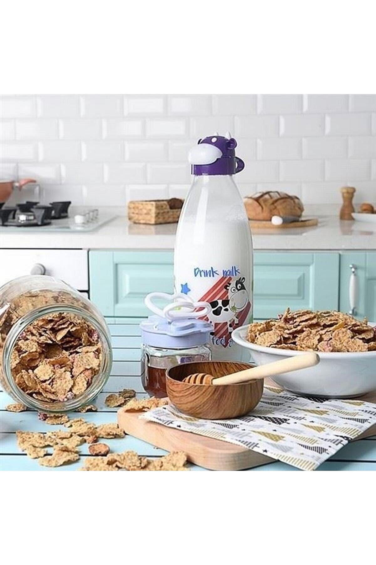 Toptan Bulurum İnek Tasarımlı Sevimli Cam Suluk Süt Şişesi 1000 ML