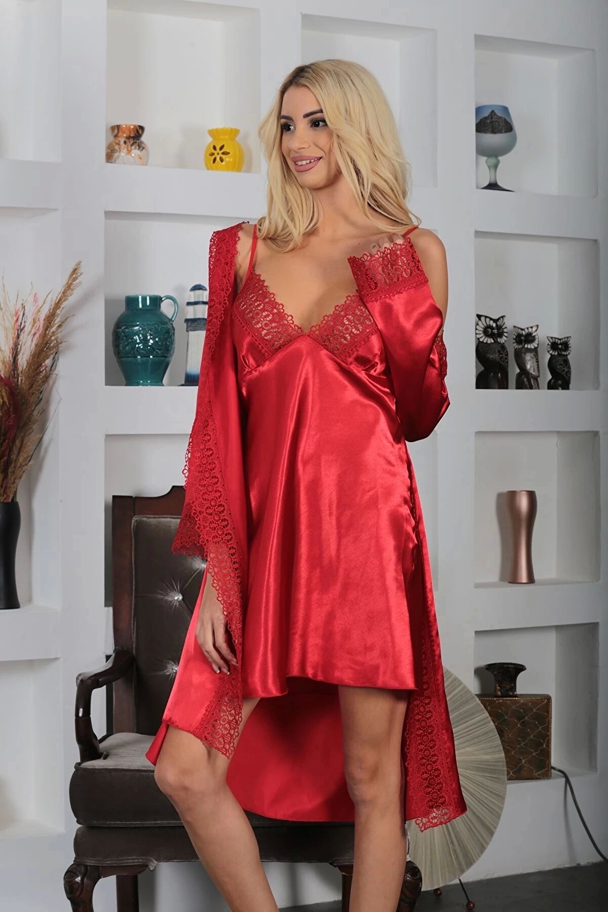 TRENDMEN Kırmızı Saten Gecelik - 1703