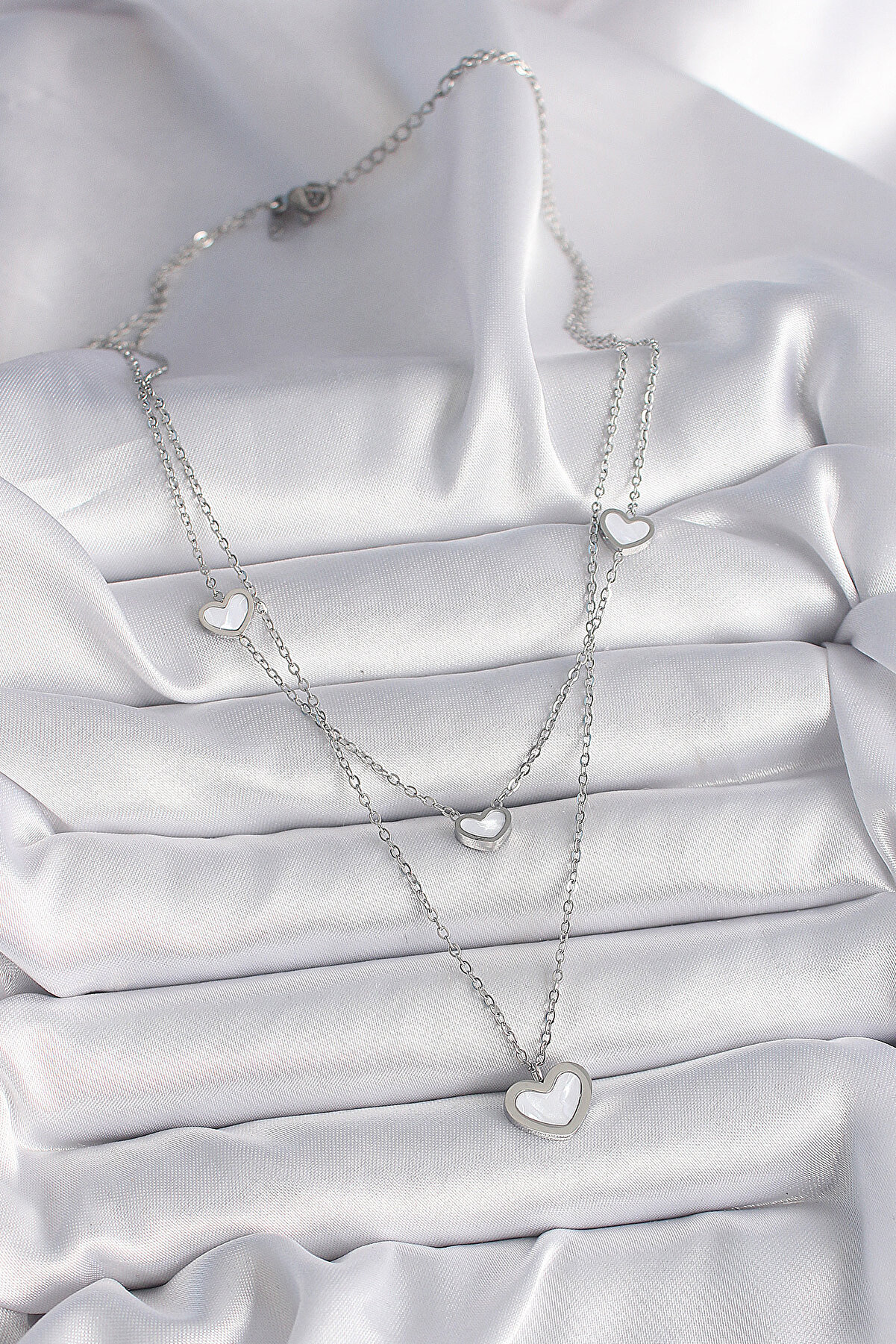 316L &Ccedil;eli̇k G&uuml;m&uuml;ş Renk Zi̇nci̇r 2 Li̇ Zi̇nci̇r Kalp Model Kadın Ke