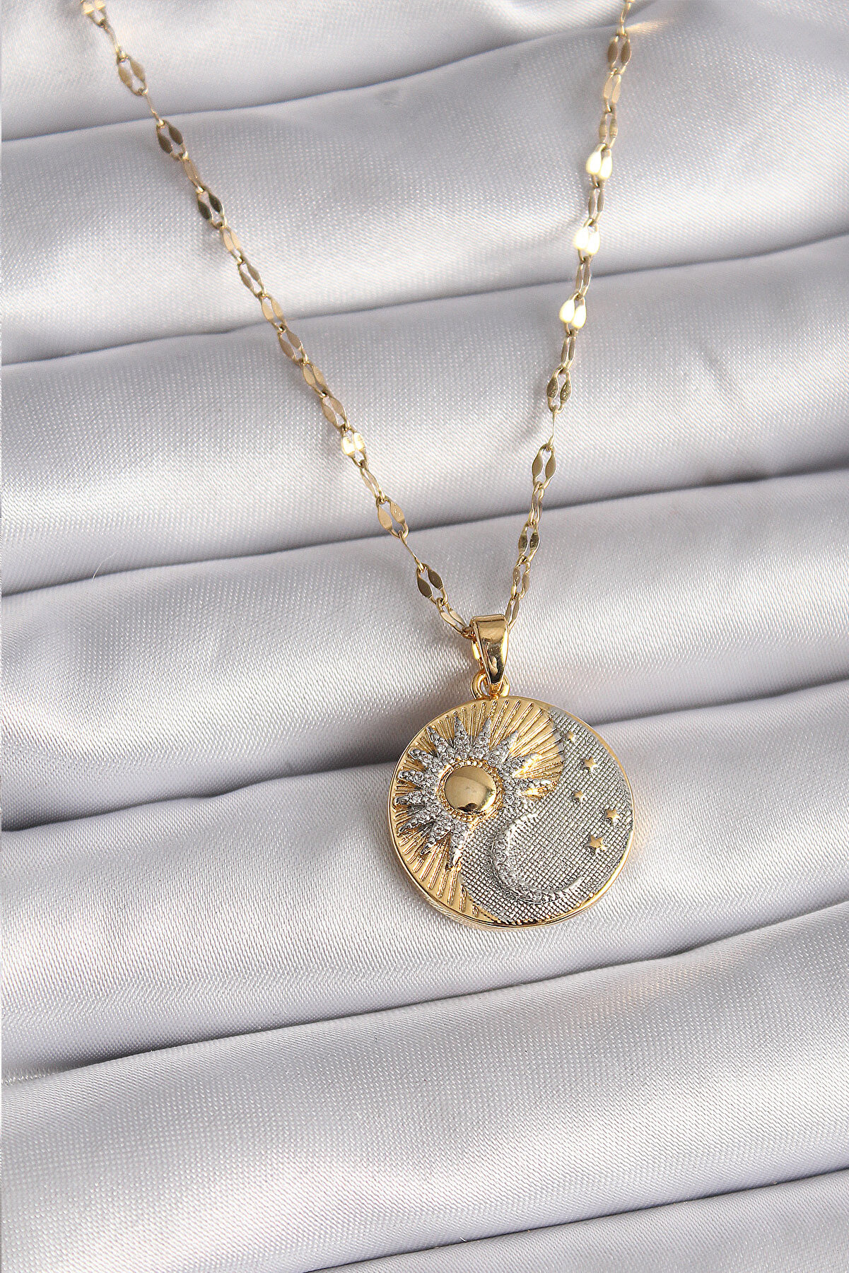 Toptan Bulurum 316L Çelik Mix Renk Zincir Zirkon Taşlı Gün Doğumu/Batımı Madalyon Model Kadın Ke