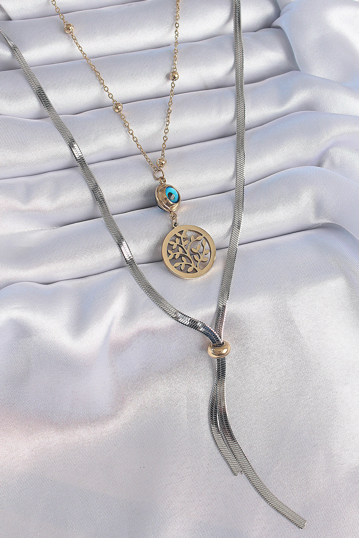 Toptan Bulurum 316L &Ccedil;elik Mix Renk Filiz Fig&uuml;r Nazar Boncuk Detay Uzun Kadın Ke