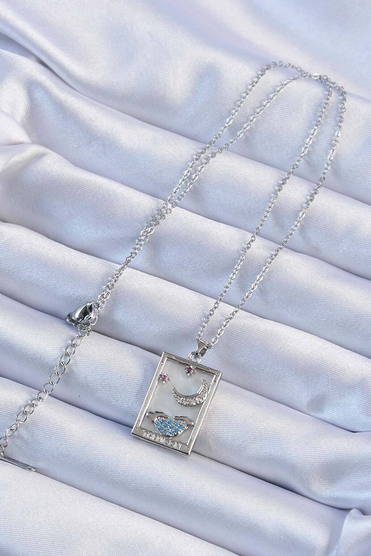 316L Çeli̇k Zi̇nci̇r Gümüş Renk Zi̇rkon Taşlı Ay Fi̇gürlü Tarot Ke