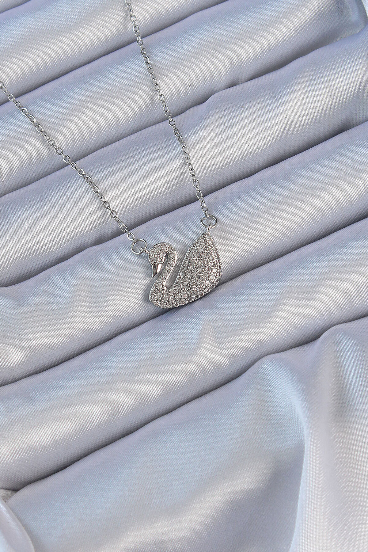 Toptan Bulurum 316L Çelik Zincir Gümüş Renk Zirkon Taşlı Kuğu Ke