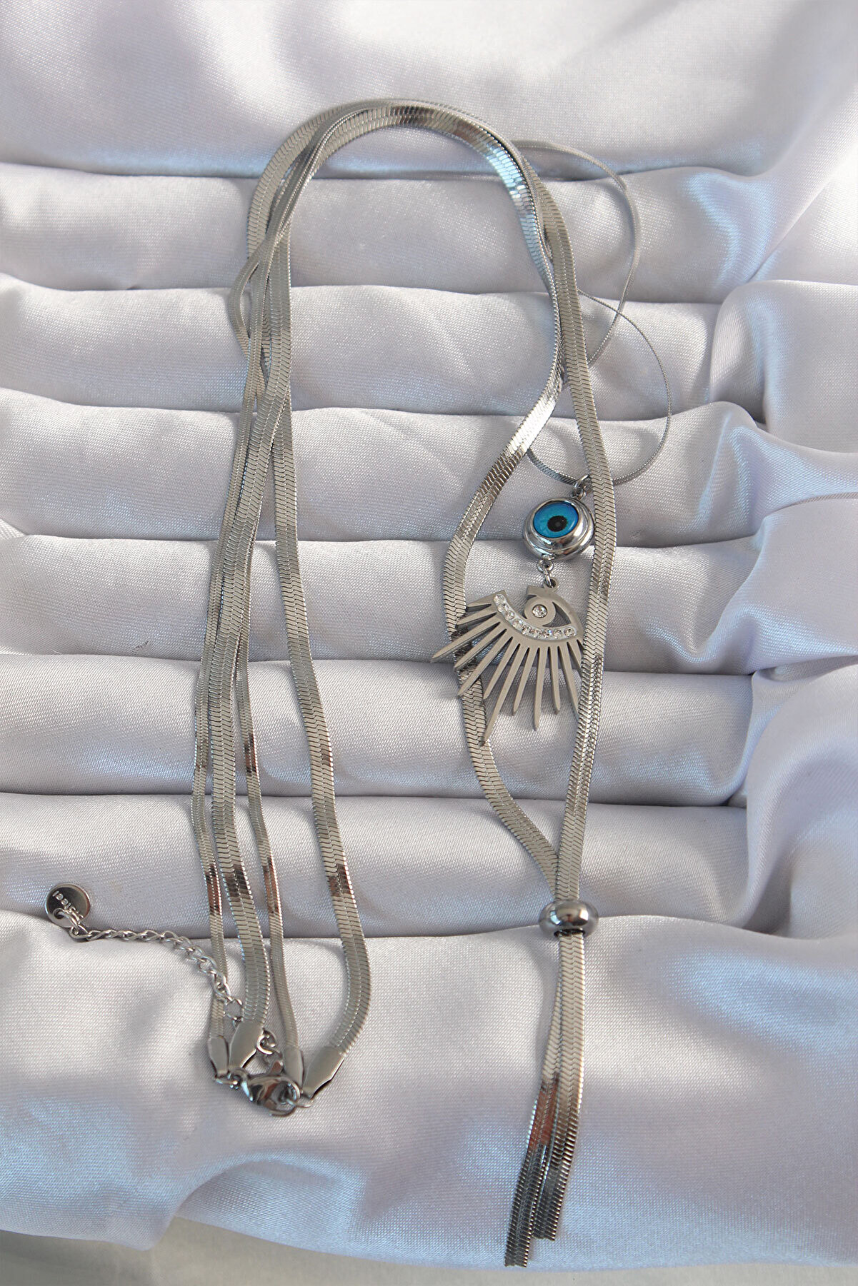 316L Çeli̇k Gümüş Renk Zi̇rkon Taşlı Göz Detay Nazarlı Uzun Asansör Model Ke