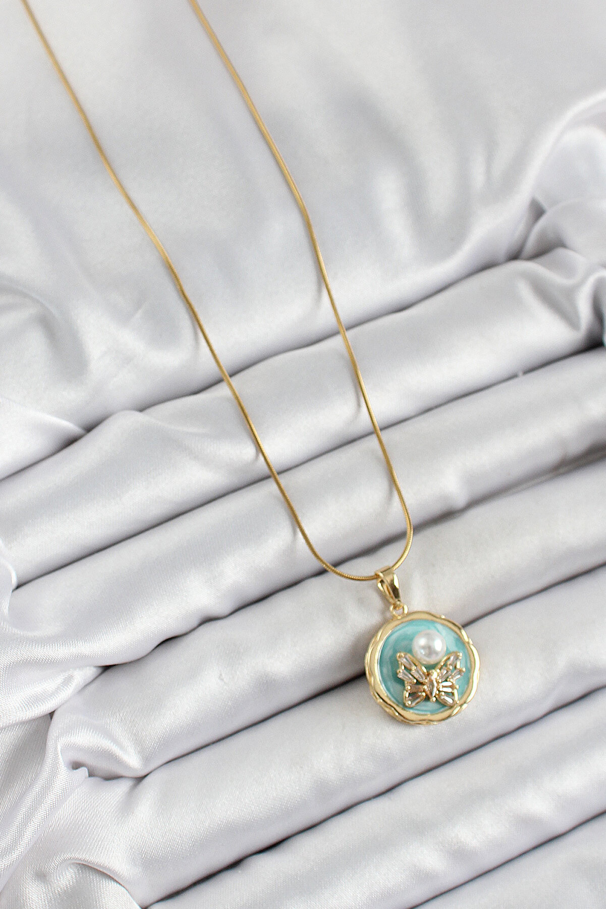 316L &Ccedil;eli̇k Zi̇nci̇r Zi̇rkon Taşlı Turkuaz Sanatsal Portre İnci̇ Detaylı Model Gold Renk Kadın Ke