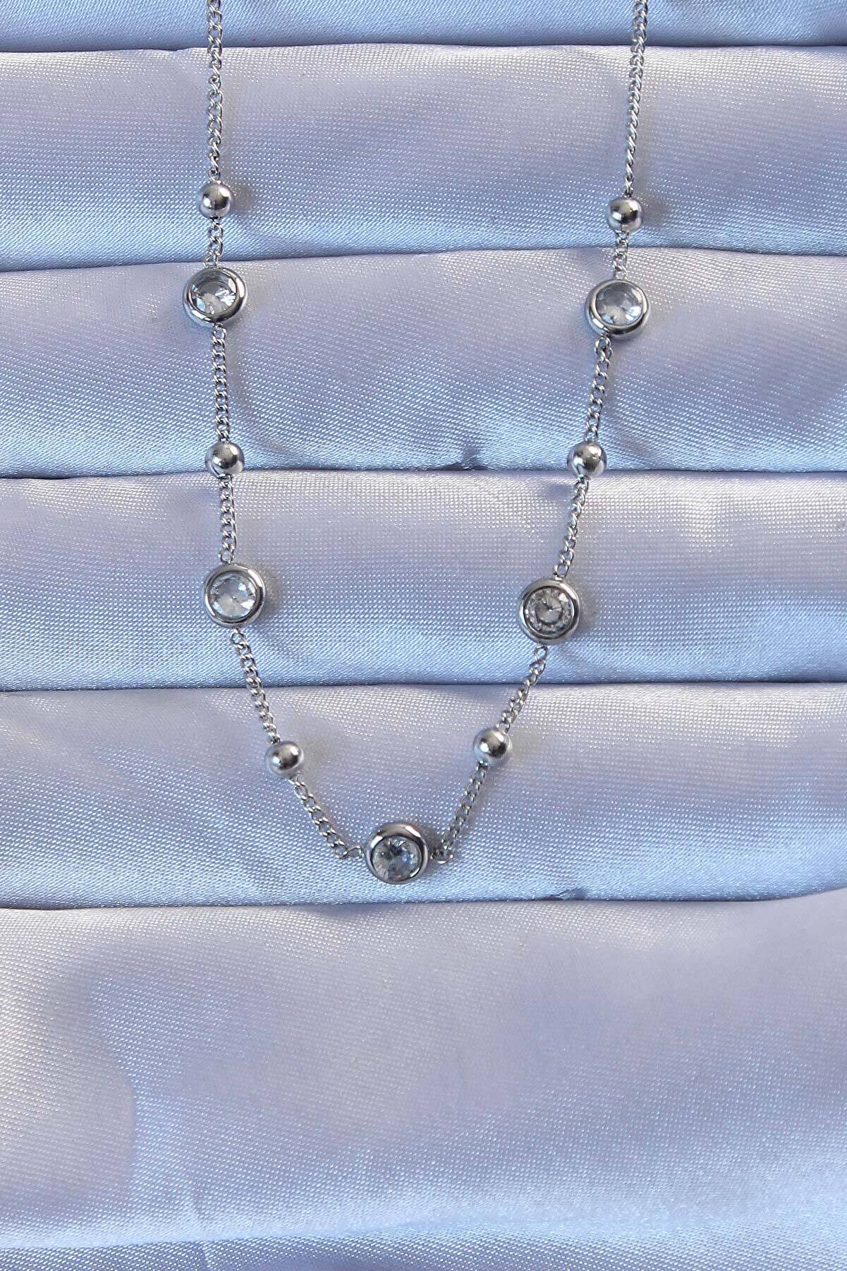 Toptan Bulurum 316L Çelik Gümüş Renk Zirkon Taşlı Top Zincirli Ke