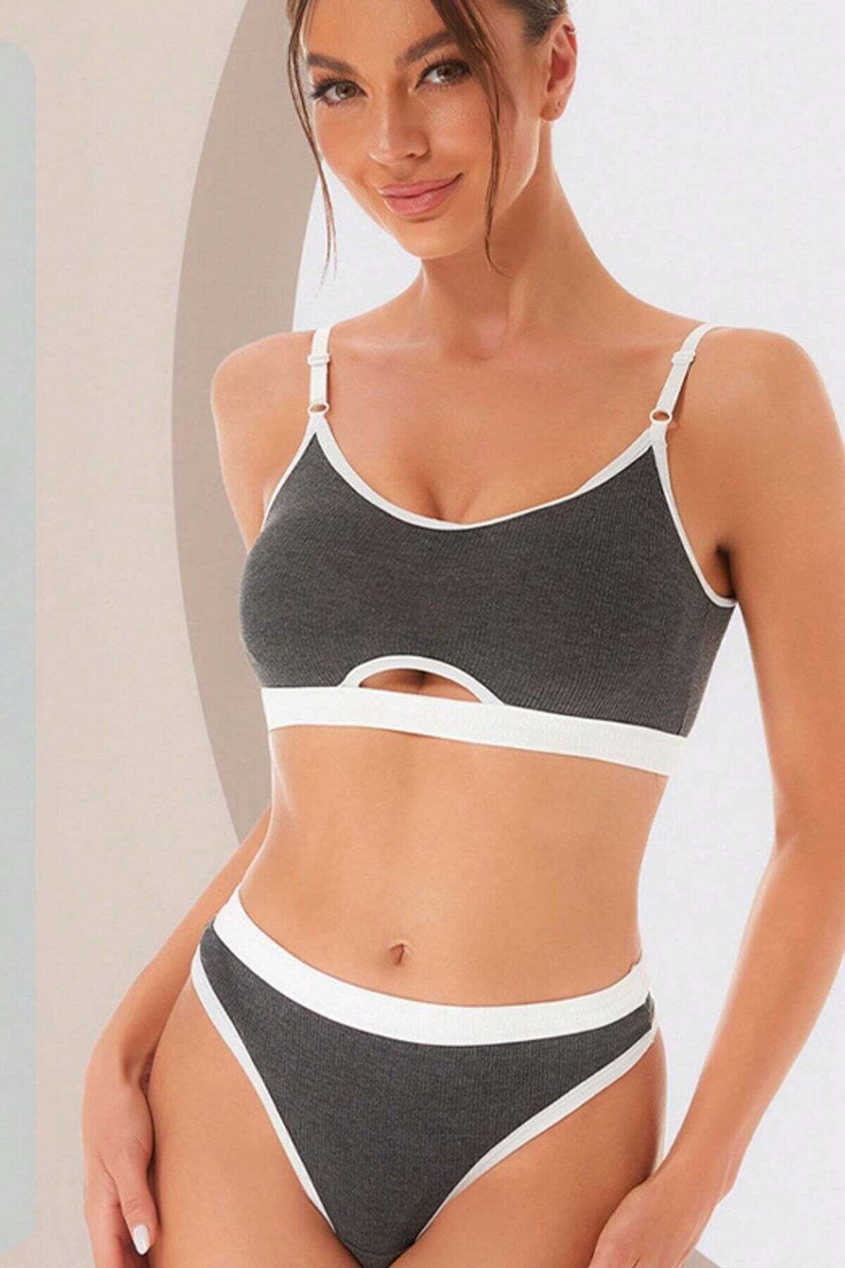 Ethab Ti̇caret Kadın Gri̇ Antrasi̇t Kaşkorse Ve Beyaz Lasti̇kli̇ Cut-Out Tanga K&uuml;lotlu Takım