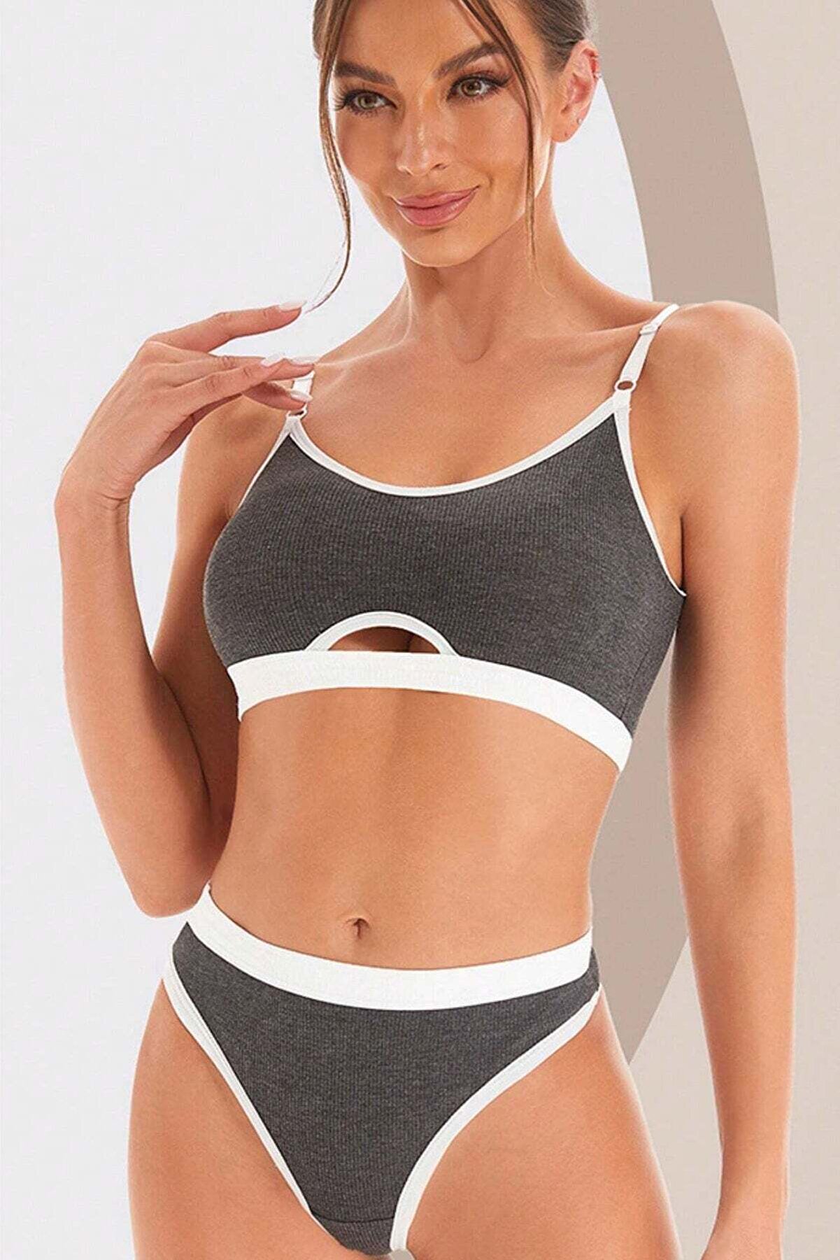 Ethab Ti̇caret Kadın Gri̇ Antrasi̇t Kaşkorse Ve Beyaz Lasti̇kli̇ Cut-Out Tanga K&uuml;lotlu Takım