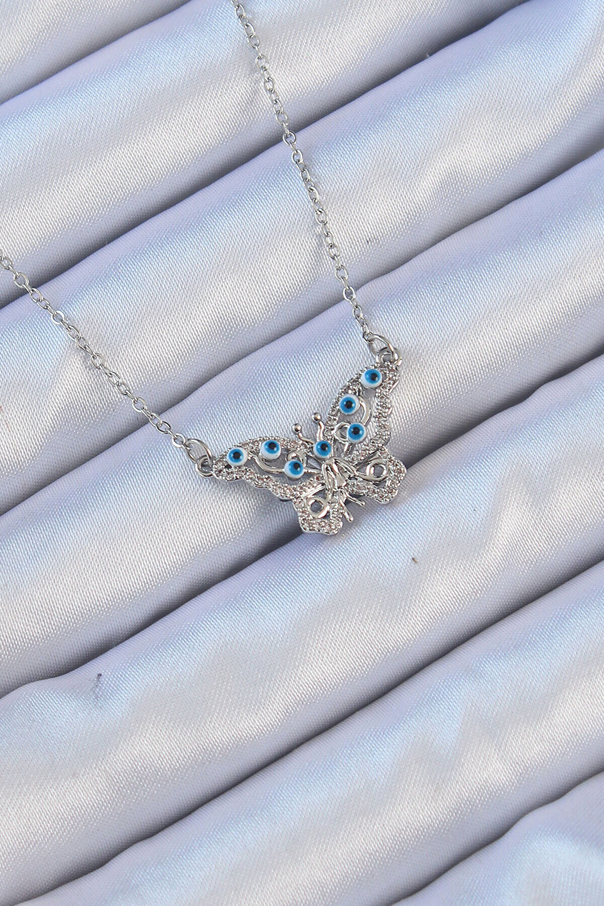 Toptan Bulurum 316L Çelik Zincir Gümüş Renk Zirkon Taşlı Nazarlı Ke