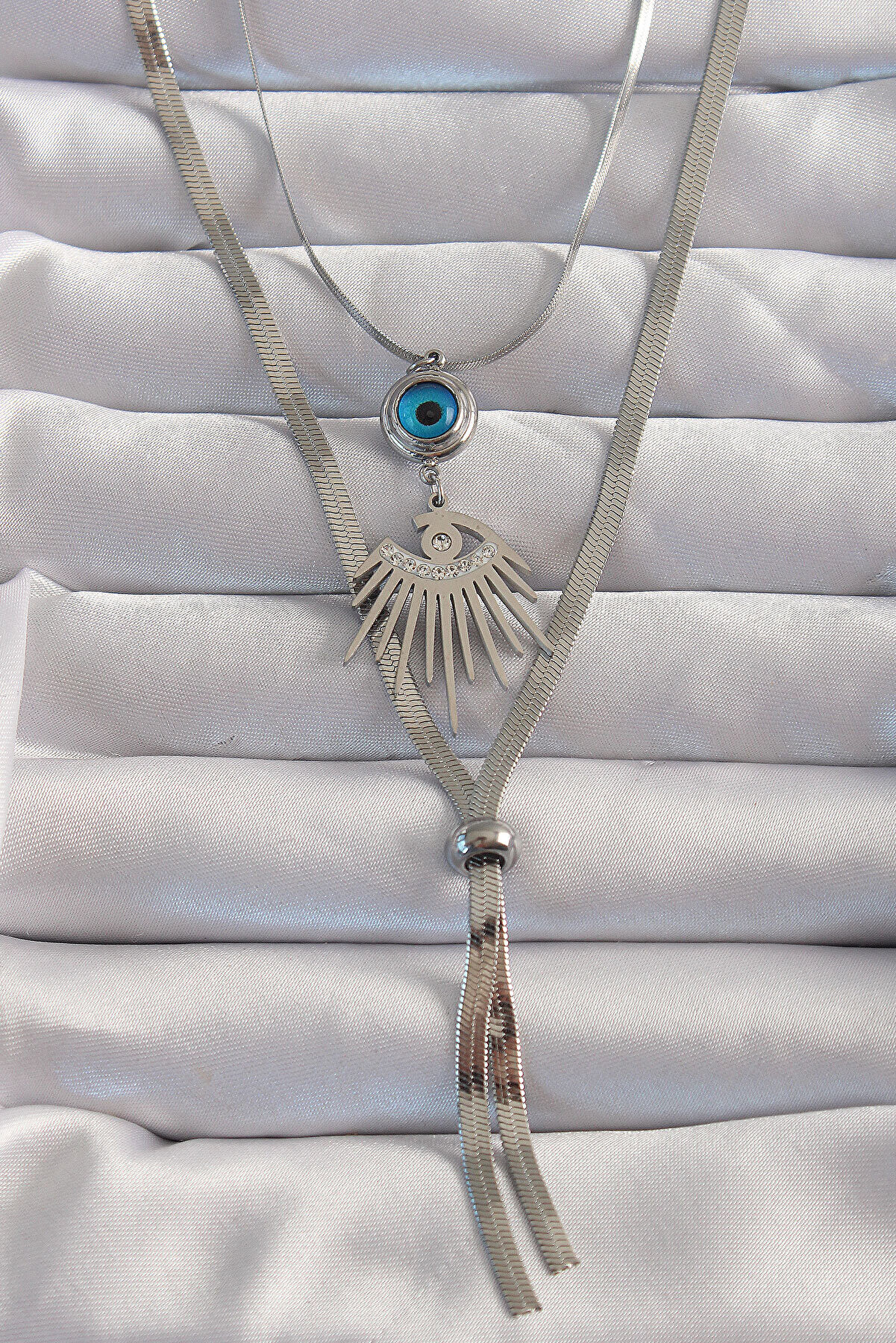 Toptan Bulurum 316L Çelik Gümüş Renk Zirkon Taşlı Göz Detay Nazarlı Uzun Asansör Model Ke